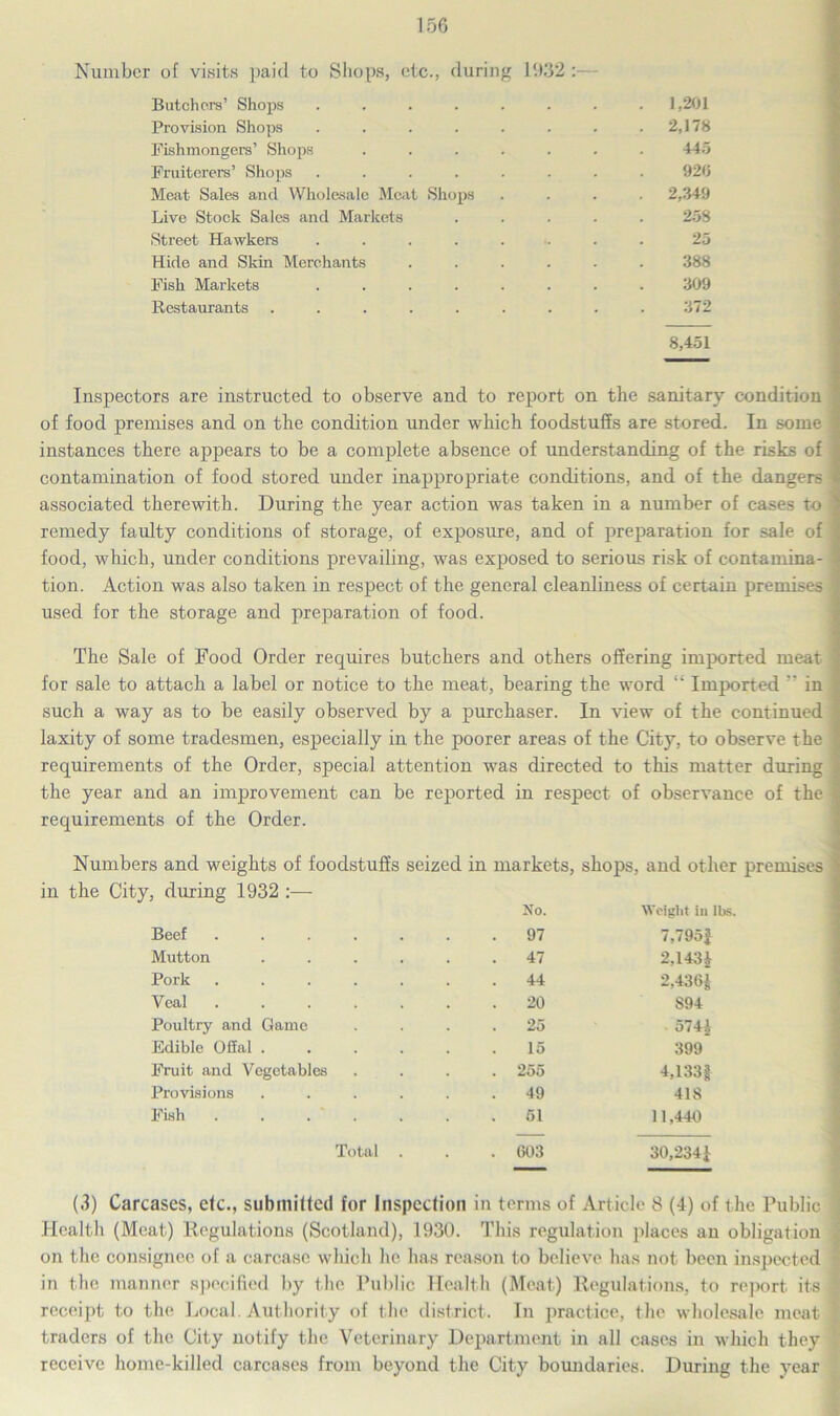 Number of visits paid to Shops, etc., during lb 12 Butchers’ Shops ........ 1,201 Provision Shops ........ 2,178 Fishmongers’ Shops ....... 445 Fruiterers’ Shops ........ 920 Meat Sales and Wholesale Meat Shops .... 2,349 Live Stock Sales and Markets ..... 258 Street Hawkers ........ 25 Hide and Skin Merchants ...... 388 Fish Markets ........ 309 Restaurants . . . . . . . . .372 8,451 Inspectors are instructed to observe and to report on the sanitary condition of food premises and on the condition under which foodstuffs are stored. In some instances there appears to be a complete absence of understanding of the risks of contamination of food stored under inappropriate conditions, and of the dangers associated therewith. During the year action was taken in a number of cases to remedy faulty conditions of storage, of exposure, and of preparation for sale of food, which, under conditions prevailing, was exposed to serious risk of contamina- tion. Action was also taken in respect of the general cleanliness of certain premises used for the storage and preparation of food. The Sale of Food Order requires butchers and others offering imported meat for sale to attach a label or notice to the meat, bearing the word Imported in such a way as to be easily observed by a purchaser. In view of the continued laxity of some tradesmen, especially in the poorer areas of the City, to observe the requirements of the Order, special attention was directed to this matter during the year and an improvement can be reported in respect of observance of the requirements of the Order. Numbers and weights of foodstuffs seized in markets, shops, and other premises in the City, during 1932 :— No. Weight in lbs. Beef ..... . 97 7,795J Mutton .... . 47 2,143£ Pork ..... 44 2,436£ Veal . 20 S94 Poultry and Game . 25 574£ Edible OSal .... 15 399 Fruit and Vegetables . 255 4,133i Provisions .... . 49 418 Fish 51 11,440 Total . . 603 30,2341 (3) Carcases, efc., submitted for Inspection in terms of Article 8 (4) of the Public. 1 Health (Meat) Regulations (Scotland), 1930. This regulation places an obligation on the consignee of a carcase which he has reason to believe has not been inspected in the manner specified by the Public Health (Meat) Regulations, to report its 1 receipt to the Local. Authority of the district. In practice, the wholesale meat I traders of the City notify the Veterinary Department in all cases in which they receive home-killed carcases from beyond the City boundaries. During the year