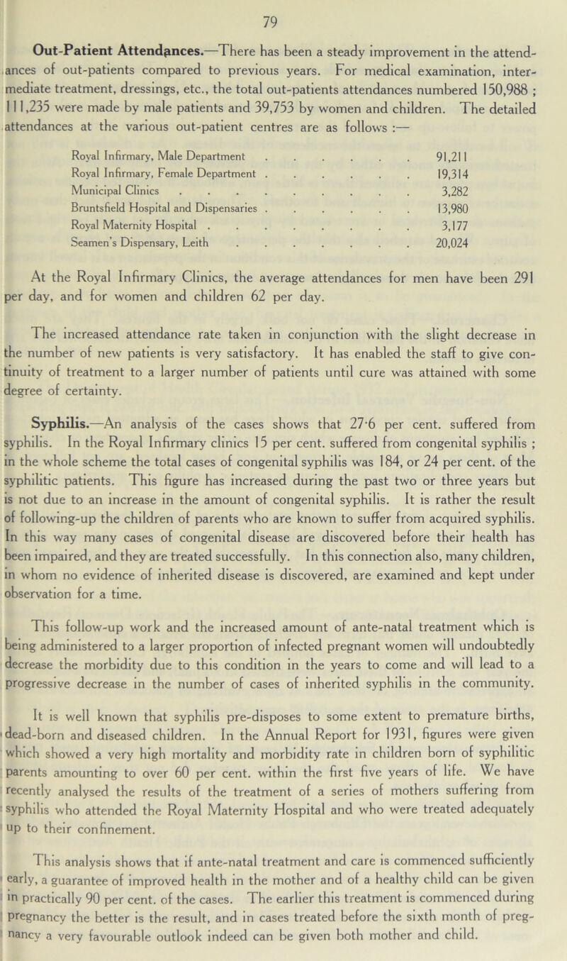 Out-Patient Attendances.—There has been a steady improvement in the attend- ances of out-patients compared to previous years. For medical examination, inter- mediate treatment, dressings, etc., the total out-patients attendances numbered 150,988 ; 111,235 were made by male patients and 39,753 by women and children. The detailed attendances at the various out-patient centres are as follows :— Royal Infirmary, Male Department . . . . . . 91,211 Royal Infirmary, Female Department . . . . . . 19,314 Municipal Clinics ......... 3,282 Bruntsfield Hospital and Dispensaries ...... 13,980 Royal Maternity Hospital . . . . . . . . 3,177 Seamen’s Dispensary, Leith ....... 20,024 At the Royal Infirmary Climes, the average attendances for men have been 291 per day, and for women and children 62 per day. The increased attendance rate taken in conjunction with the slight decrease in the number of new patients is very satisfactory. It has enabled the staff to give con- tinuity of treatment to a larger number of patients until cure was attained with some degree of certainty. Syphilis.—An analysis of the cases shows that 27*6 per cent, suffered from syphilis. In the Royal Infirmary clinics 15 per cent, suffered from congenital syphilis ; in the whole scheme the total cases of congenital syphilis was 184, or 24 per cent, of the syphilitic patients. This figure has increased during the past two or three years but is not due to an increase in the amount of congenital syphilis. It is rather the result of following-up the children of parents who are known to suffer from acquired syphilis. In this way many cases of congenital disease are discovered before their health has been impaired, and they are treated successfully. In this connection also, many children, in whom no evidence of inherited disease is discovered, are examined and kept under observation for a time. This follow-up work and the increased amount of ante-natal treatment which is being administered to a larger proportion of infected pregnant women will undoubtedly decrease the morbidity due to this condition in the years to come and will lead to a progressive decrease in the number of cases of inherited syphilis in the community. It is well known that syphilis pre-disposes to some extent to premature births, •dead-born and diseased children. In the Annual Report for 1931, figures were given which showed a very high mortality and morbidity rate in children born of syphilitic parents amounting to over 60 per cent, within the first five years of life. We have recently analysed the results of the treatment of a series of mothers suffering from : syphilis who attended the Royal Maternity Hospital and who were treated adequately up to their confinement. This analysis shows that if ante-natal treatment and care is commenced sufficiently ' early, a guarantee of improved health in the mother and of a healthy child can be given in practically 90 per cent, of the cases. The earlier this treatment is commenced during pregnancy the better is the result, and in cases treated before the sixth month of preg- nancy a very favourable outlook indeed can be given both mother and child.