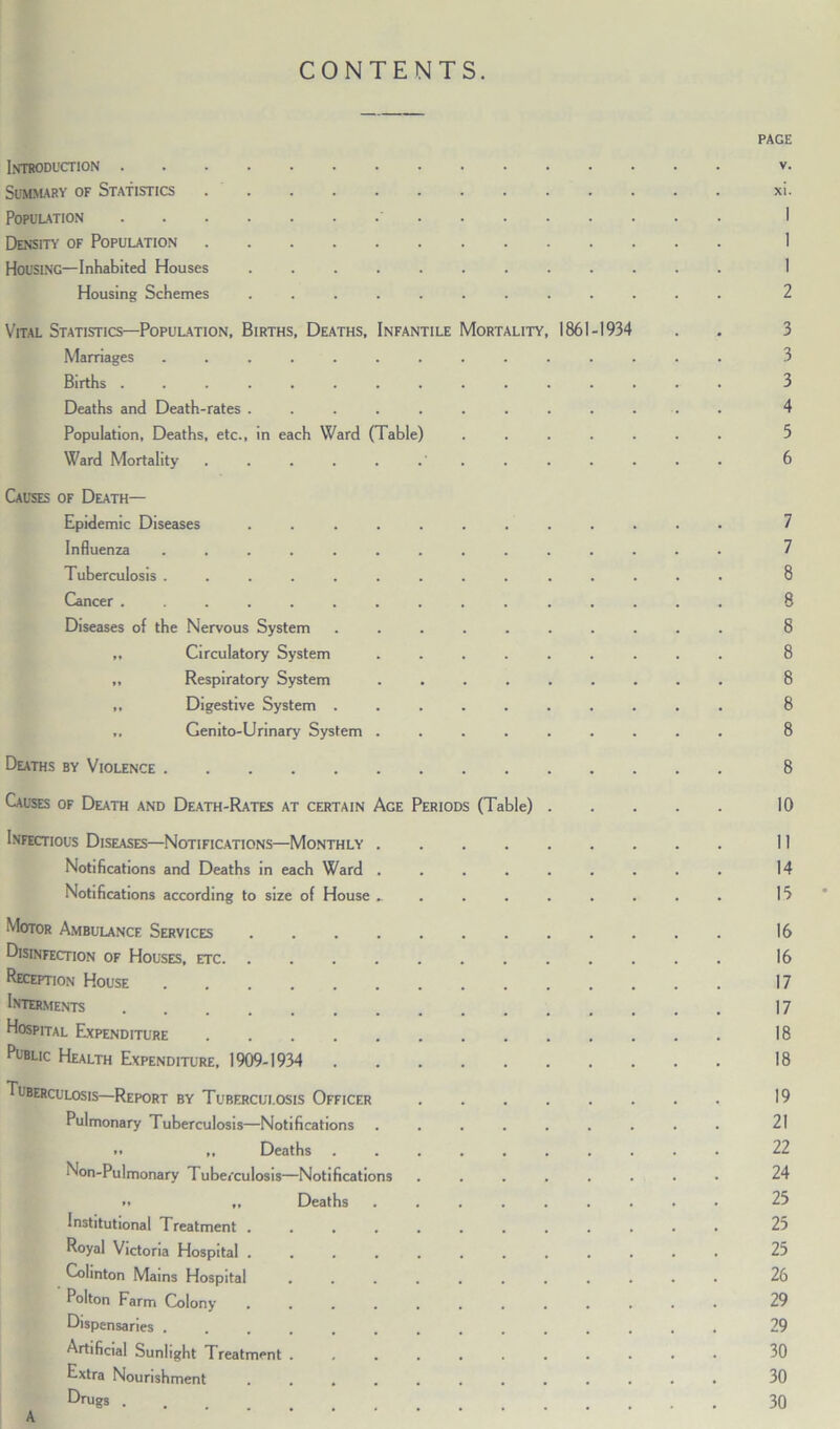 CONTENTS. PAGE Introduction v. Summary of Statistics xi. Population ' I Density of Population 1 HOUSING—Inhabited Houses ............ 1 Housing Schemes ............ 2 Vital Statistics—Population, Births, Deaths, Infantile Mortality, 1861-1934 . . 3 Marriages .............. 3 Births ............... 3 Deaths and Death-rates ............ 4 Population, Deaths, etc., in each Ward (Table) ....... 5 Ward Mortality ............. 6 Causes of Death— Epidemic Diseases ............ 7 Influenza .............. 7 Tuberculosis .............. 8 Cancer ............... 8 Diseases of the Nervous System .......... 8 „ Circulatory System ......... 8 ,, Respiratory System ......... 8 ,, Digestive System .......... 8 ,, Genito-Urinary System ......... 8 Deaths by Violence 8 Causes of Death and Death-Rates at certain Age Periods (Table) 10 Infectious Diseases—Notifications—Monthly 11 Notifications and Deaths in each Ward ......... 14 Notifications according to size of House .. ....... 13 Motor Ambulance Services 16 Disinfection of Houses, etc 16 Reception House 17 Interments 17 Hospital Expenditure 18 Public Health Expenditure, 1909-1934 18 Tuberculosis—Report by Tuberculosis Officer 19 Pulmonary Tuberculosis—Notifications ......... 21 .. ,, Deaths .......... 22 Non-Pulmonary Tuberculosis—Notifications ........ 24 » ,, Deaths ......... 25 Institutional Treatment ............ 25 Royal Victoria Hospital ............ 25 Cohnton Mains Hospital ........... 26 Polton Farm Colony ............ 29 Dispensaries 29 Artificial Sunlight Treatment ........... 30 Extra Nourishment ............ 30 Drugs ... 30 A