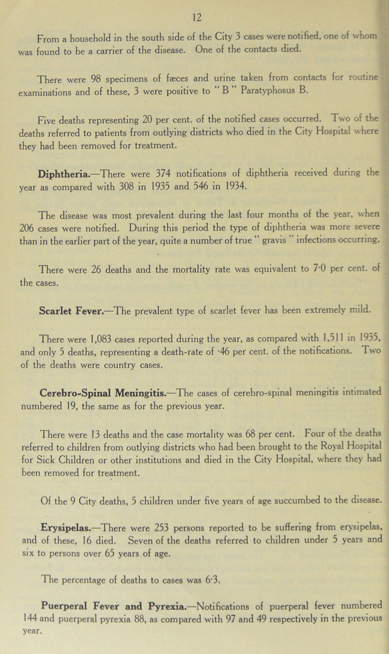 From a household in the south side of the City 3 cases were notified, one of whom was found to be a carrier of the disease. One of the contacts died. There were 98 specimens of faeces and urine taken from contacts for routine examinations and of these, 3 were positive to “ B ” Paratyphosus B. Five deaths representing 20 per cent, of the notified cases occurred. Two of the deaths referred to patients from outlying districts who died in the City Hospital where they had been removed for treatment. Diphtheria.—There were 374 notifications of diphtheria received during the year as compared with 308 in 1935 and 546 in 1934. The disease was most prevalent during the last four months of the year, when 206 cases were notified. During this period the type of diphtheria was more severe than in the earlier part of the year, quite a number of true gravis infections occurring. There were 26 deaths and the mortality rate was equivalent to 7‘0 per cent, of the cases. Scarlet Fever.—The prevalent type of scarlet fever has been extremely mild. There were 1,083 cases reported during the year, as compared with 1,511 in 19^5, and only 5 deaths, representing a death-rate of ’46 per cent, of the notifications. Two of the deaths were country cases. Cerebro-Spinal Meningitis.—The cases of cerebro-spinal meningitis intimated numbered 19, the same as for the previous year. There were 13 deaths and the case mortality was 68 per cent. Four of the deaths referred to children from outlying districts who had been brought to the Royal Hospital for Sick Children or other institutions and died in the City Hospital, where they had been removed for treatment. Of the 9 City deaths, 5 children under five years of age succumbed to the disease. Erysipelas.—There were 253 persons reported to be suffering from erysipelas, and of these, 16 died. Seven of the deaths referred to children under 5 years and six to persons over 65 years of age. The percentage of deaths to cases was 6-3. Puerperal Fever and Pyrexia.—Notifications of puerperal fever numbered 144 and puerperal pyrexia 88, as compared with 97 and 49 respectively in the previous year.