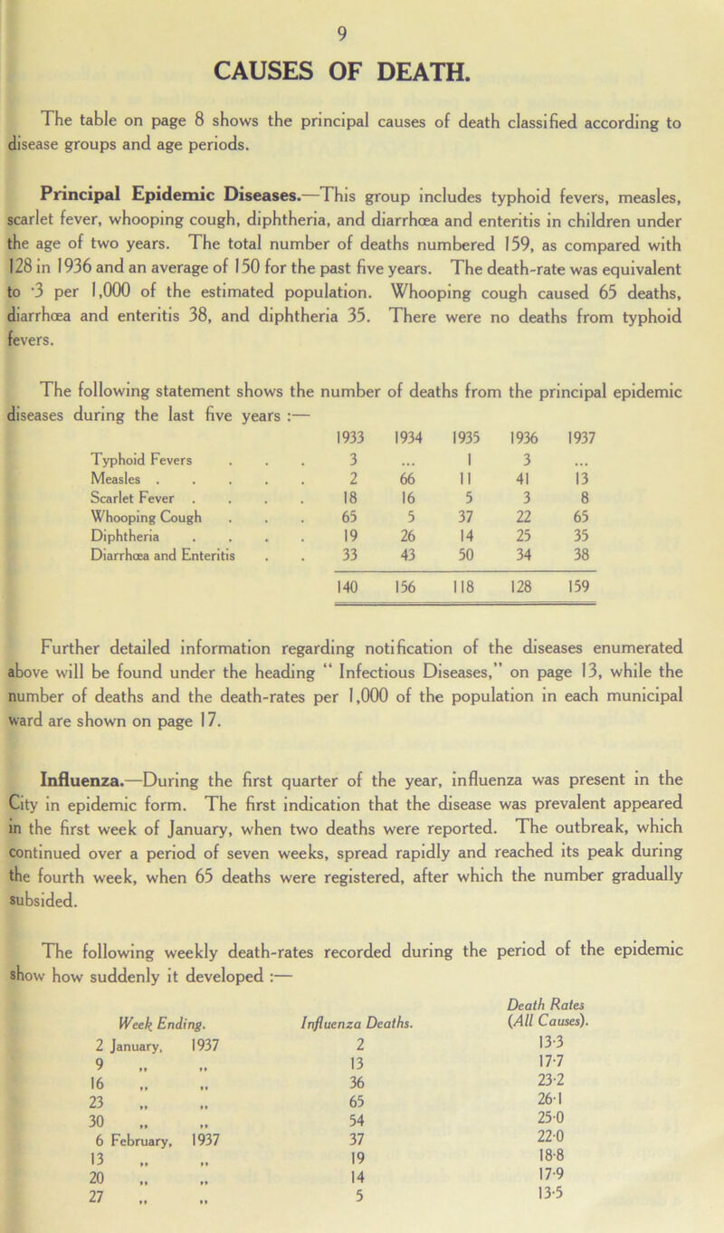 CAUSES OF DEATH. The table on page 8 shows the principal causes of death classified according to disease groups and age periods. Principal Epidemic Diseases.—This group includes typhoid fevers, measles, scarlet fever, whooping cough, diphtheria, and diarrhoea and enteritis in children under the age of two years. The total number of deaths numbered 159, as compared with 128 in 1936 and an average of 150 for the past five years. The death-rate was equivalent to '3 per 1,000 of the estimated population. Whooping cough caused 65 deaths, diarrhoea and enteritis 38, and diphtheria 35. There were no deaths from typhoid fevers. The following statement shows the number of deaths from the principal epidemic diseases during the last five years :— 1933 1934 1935 1936 1937 Typhoid Fevers 3 • •• 1 3 ... Measles .... 2 66 11 41 13 Scarlet Fever 18 16 5 3 8 Whooping Cough 63 3 37 22 65 Diphtheria 19 26 14 25 35 Diarrhoea and Enteritis 33 43 50 34 38 140 156 118 128 159 Further detailed information regarding notification of the diseases enumerated above will be found under the heading “ Infectious Diseases,’’ on page 13, while the number of deaths and the death-rates per 1,000 of the population in each municipal ward are shown on page 17. Influenza.—During the first quarter of the year, influenza was present in the City in epidemic form. The first indication that the disease was prevalent appeared in the first week of January, when two deaths were reported. The outbreak, which continued over a period of seven weeks, spread rapidly and reached its peak during the fourth week, when 65 deaths were registered, after which the number gradually subsided. The following weekly death-rates recorded during the period of the epidemic show how suddenly it developed :— Week Ending. Influenza Deaths. Death Rates (All Causes). 2 January, 1937 2 13-3 9 13 177 16 *» 36 23-2 23 65 261 30 »* 54 250 6 February, 1937 37 22-0 13 *» 19 18 8 20 14 17-9 27 it 5 13 5