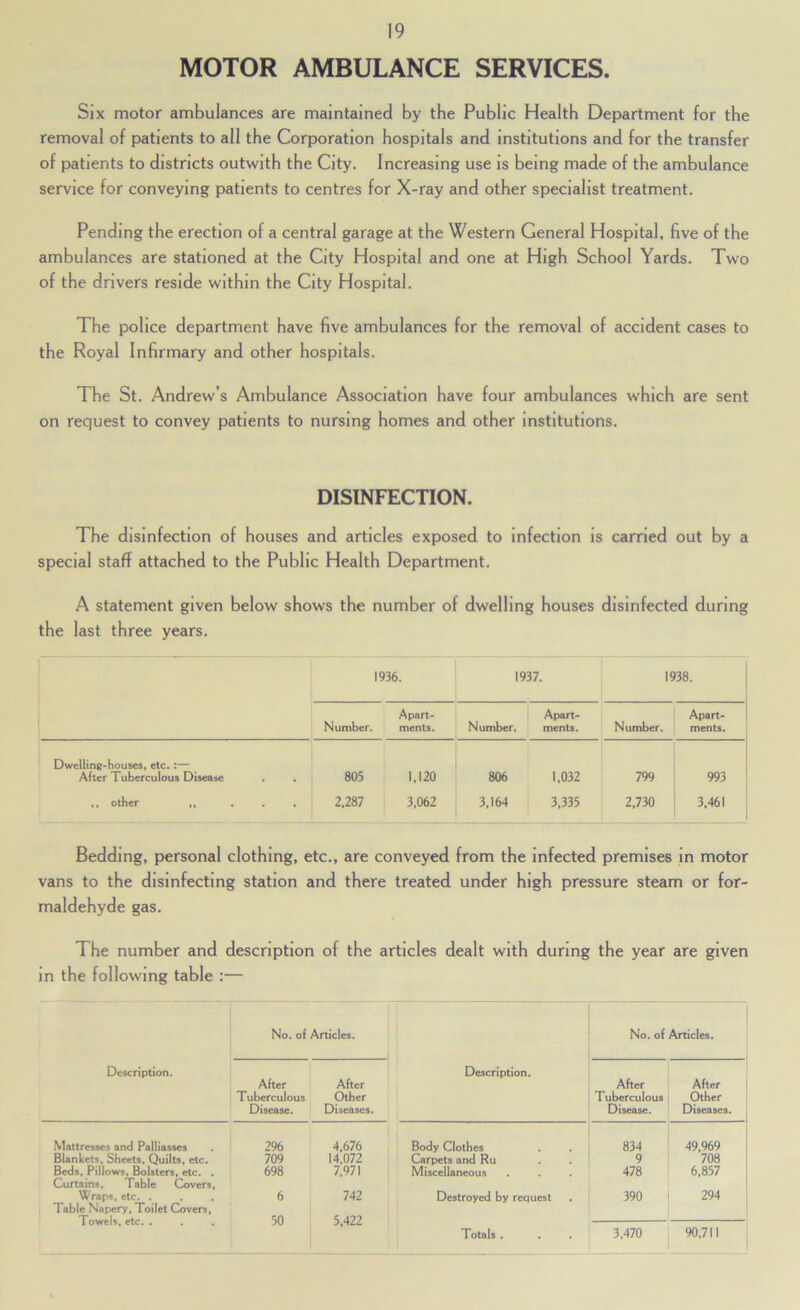 MOTOR AMBULANCE SERVICES. Six motor ambulances are maintained by the Public Health Department for the removal of patients to all the Corporation hospitals and institutions and for the transfer of patients to districts outwith the City. Increasing use is being made of the ambulance service for conveying patients to centres for X-ray and other specialist treatment. Pending the erection of a central garage at the Western General Hospital, five of the ambulances are stationed at the City Hospital and one at High School Yards. Two of the drivers reside within the City Hospital. The police department have five ambulances for the removal of accident cases to the Royal Infirmary and other hospitals. The St. Andrew’s Ambulance Association have four ambulances which are sent on request to convey patients to nursing homes and other institutions. DISINFECTION. The disinfection of houses and articles exposed to infection is carried out by a special staff attached to the Public Health Department. A statement given below shows the number of dwelling houses disinfected during the last three years. 1936. 1937. 1938. 1 Number. Apart- ments. Number. Apart- ments. Number. Apart- ments. Dwelling-houses, etc. :— After Tuberculous Disease 805 1.120 806 1.032 799 993 ,, other ,, ... 2.287 3.062 3.164 3.335 2.730 3.461 Bedding, personal clothing, etc., are conveyed from the infected premises in motor vans to the disinfecting station and there treated under high pressure steam or for- maldehyde gas. The number and description of the articles dealt with during the year are given in the following table :— No. of Articles. No. of Articles. DeKription. After Tuberculous Disease. After Other Diseases. Description. After Tuberculous Disease. After 1 Other Diseases. Mattresses and Palliasses 2% 4,676 Body Clothes 834 49,969 Blankets, Sheets, Quilts, etc. 709 14.072 Carpets and Ru 9 708 Beds, Pillows, bolsters, etc. . Curtains, Table Covers, Wraps, etc. . 698 7.971 Miscellaneous 478 6,857 6 742 Destroyed by request 390 294 Table Napery, Toilet Covers, Towels, etc. . 50 5,422 Totals . 3,470 90,711