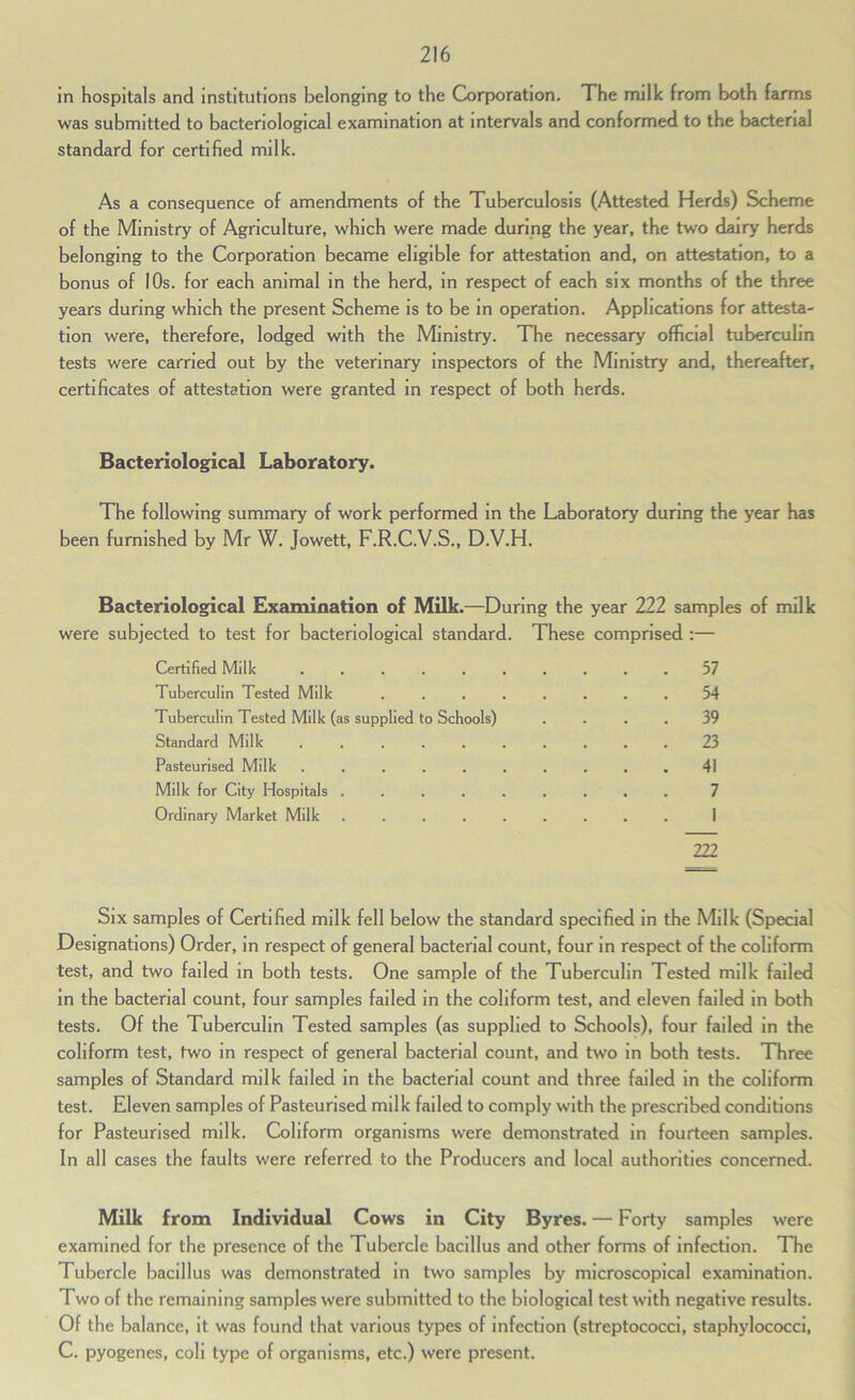 in hospitals and institutions belonging to the Corporation. The milk from both farms was submitted to bacteriological examination at intervals and conformed to the bacterial standard for certified milk. As a consequence of amendments of the Tuberculosis (Attested Herds) Scheme of the Ministry of Agriculture, which were made during the year, the two dairy herds belonging to the Corporation became eligible for attestation and, on attestation, to a bonus of 10s. for each animal in the herd, in respect of each six months of the three years during which the present Scheme is to be in operation. Applications for attesta- tion were, therefore, lodged with the Ministry. The necessary official tuberculin tests were carried out by the veterinary inspectors of the Ministry and, thereafter, certificates of attestation were granted in respect of both herds. Bacteriological Laboratory. The following summary of work performed in the Laboratory during the year has been furnished by Mr W. Jowett, F.R.C.V.S., D.V.H. Bacteriological Examination of Milk.—During the year 222 samples of milk were subjected to test for bacteriological standard. These comprised :— Certified Milk .......... 57 Tuberculin Tested Milk 54 Tuberculin Tested Milk (as supplied to Schools) .... 39 Standard Milk .......... 23 Pasteurised Milk .......... 41 Milk for City Hospitals ......... 7 Ordinary Market Milk ......... 1 222 Six samples of Certified milk fell below the standard specified in the Milk (Special Designations) Order, in respect of general bacterial count, four in respect of the coliform test, and two failed in both tests. One sample of the Tuberculin Tested milk failed in the bacterial count, four samples failed in the coliform test, and eleven failed in both tests. Of the Tuberculin Tested samples (as supplied to Schools), four failed in the coliform test, two in respect of general bacterial count, and two in both tests. Three samples of Standard milk failed in the bacterial count and three failed in the coliform test. Eleven samples of Pasteurised milk failed to comply with the prescribed conditions for Pasteurised milk. Coliform organisms were demonstrated in fourteen samples. In all cases the faults were referred to the Producers and local authorities concerned. Milk from Individual Cows in City Byres. — Forty samples were examined for the presence of the Tubercle bacillus and other forms of Infection. The Tubercle bacillus was demonstrated in two samples by microscopical examination. Two of the remaining samples were submitted to the biological test with negative results. Of the balance, it was found that various types of infection (streptococci, staphylococci, C. pyogenes, coli type of organisms, etc.) were present.