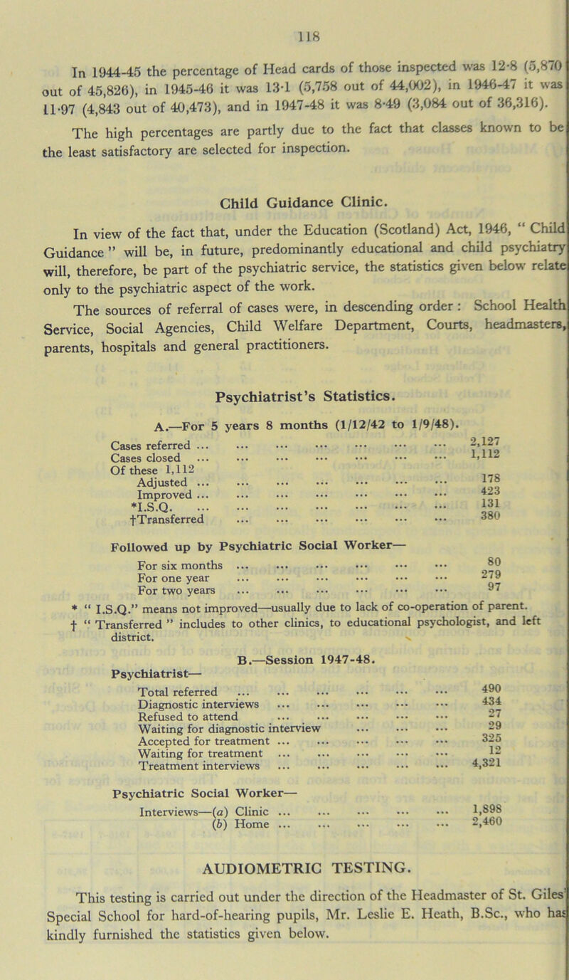 In 1944-45 the percentage of Head cards of those inspected was 12-8 (5,870 out of 45,826), in 1945-46 it was 13-1 (5,758 out of 44,002), in 1946-47 it was 11-97 (4,843 out of 40,473), and in 1947-48 it was 8-49 (3,084 out of 36,316). The high percentages are partly due to the fact that classes known to be the least satisfactory are selected for inspection. Child Guidance Clinic. In view of the fact that, under the Education (Scotland) Act, 1946, “ Child Guidance” will be, in future, predominantly educational and child psychiatry will, therefore, be part of the psychiatric service, the statistics given below relate only to the psychiatric aspect of the work. The sources of referral of cases were, in descending order : School Health Service, Social Agencies, Child Welfare Department, Courts, headmasters, parents, hospitals and general practitioners. Psychiatrist’s Statistics. A.—For 5 years 8 months (1/12/42 to 1/9/48). Cases referred ... Cases closed Of these 1,112 Adjusted ... Improved ... *I.S.Q fTransferred 2,127 1,112 178 423 131 380 * t Followed up by Psychiatric Social Worker— For six months ... For one year For two years 80 279 97 “ I.S.Q.” means not improved—usually due to lack of co-operation of parent. “ Transferred ” includes to other clinics, to educational psychologist, and left district. >. B.—Session 1947-48. Psychiatrist— Total referred Diagnostic interviews Refused to attend ... _ ... Waiting for diagnostic interview Accepted for treatment ... Waiting for treatment Treatment interviews 490 434 27 29 325 12 4,321 Psychiatric Social Worker— Interviews—(a) Clinic ... (b) Home ... 1,898 2,460 AUDIOMETRIC TESTING. This testing is carried out under the direction of the Headmaster of St. Giles Special School for hard-of-hearing pupils, Mr. Leslie E. Heath, B.Sc., who has kindly furnished the statistics given below.