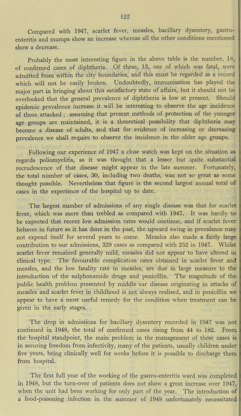 Compared with 1947, scarlet fever, measles, bacillary dysentery, gastro- enteritis and mumps show an increase whereas all the other conditions mentioned show a decrease. Probably the most interesting figure in the above table is the number, IS, of confirmed cases of diphtheria. Of these, 13, one of which was fatal, were admitted from within the city boundaries, and this must be regarded as a record which will not be easily broken. Undoubtedly, immunisation has played the major part in bringing about this satisfactory state of affairs, but it should not be overlooked that the general prevalence of diphtheria is low at present. Should epidemic prevalence increase it will be interesting to observe the age incidence of those attacked ; assuming that present methods of protection of the younger age groups are maintained, it is a theoretical possibility that diphtheria may become a disease of adults, and that for evidence of increasing or decreasing prevalence we shall require to observe the incidence in the older age groups. Following our experience of 1947 a close watch was kept on the situation as regards poliomyelitis, as it was thought that a lesser but quite substantial recrudescence of that disease might appear in the late summer. Fortunately, the total number of cases, 30, including two deaths, was not so great as some thought possible. Nevertheless that figure is the second largest annual total of cases in the experience of the hospital up to date. The largest number of admissions of any single disease was that for scarlet fever, which was more than trebled as compared with 1947. It was hardly to be expected that recent low admission rates would continue, and if scarlet fever behaves in future as it has done in the past, the upward swing in prevalence may not expend itself for several years to come. Measles also made a fairly large contribution to our admissions, 329 cases as compared with 252 in 1947. Whilst scarlet fever remained generally mild, measles did not appear to have altered in clinical type. The favourable complication rates obtained in scarlet fever and measles, and the low fatality rate in measles, are due in large measure to the introduction of the sulphonamide drugs and penicillin. The magnitude of the public health problem presented by middle ear disease originating in attacks of measles and scarlet fever in childhood is not always realised, and in penicillin we appear to have a most useful remedy for the condition when treatment can be given in the early stages. The drop in admissions for bacillary dysentery recorded in 1947 was not continued in 1948, the total of confirmed cases rising from 44 to 182. From the hospital standpoint, the main problem in the management of these cases is in securing freedom from infectivity, many of the patients, usually children under five years, being clinically well for weeks before it is possible to discharge them from hospital. The first full year of the working of the gastro-enteritis ward was completed in 1948, but the turn-over of patients does not show a great increase over 1947, when the unit had been working for only part of the year. The introduction of a food-poisoning infection in the summer of 1948 unfortunately necessitated