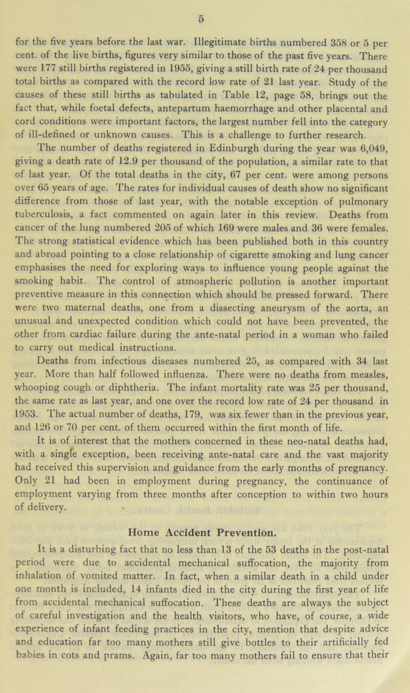 for the five years before the last war. Illegitimate births numbered 358 or 5 per cent, of the live births, figures very similar to those of the past five years. There were 177 still births registered in 1955, giving a still birth rate of 24 per thousand total births as compared with the record low rate of 21 last year. Study of the causes of these still births as tabulated in Table 12, page 58, brings out the fact that, while foetal defects, antepartum haemorrhage and other placental and cord conditions were important factors, the largest number fell into the category of ill-defined or unknown causes. This is a challenge to further research. The number of deaths registered in Edinburgh during the year was 6,049, giving a death rate of 12.9 per thousand of the population, a similar rate to that of last year. Of the total deaths in the city, 67 per cent, were among persons over 65 years of age. The rates for individual causes of death show no significant difference from those of last year, with the notable exception of pulmonary tuberculosis, a fact commented on again later in this review. Deaths from cancer of the lung numbered 205 of which 169 were males and 36 were females. The strong statistical evidence which has been published both in this country and abroad pointing to a close relationship of cigarette smoking and lung cancer emphasises the need for exploring ways to influence young people against the smoking habit. The control of atmospheric pollution is another important preventive measure in this connection which should be pressed forward. There were two maternal deaths, one from a dissecting aneurysm of the aorta, an unusual and unexpected condition which could not have been prevented, the other from cardiac failure during the ante-natal period in a woman who failed to carry out medical instructions. Deaths from infectious diseases numbered 25, as compared with 34 last year. More than half followed influenza. There were no deaths from measles, whooping cough or diphtheria. The infant mortality rate was 25 per thousand, the same rate as last year, and one over the record low rate of 24 per thousand in 1953. The actual number of deaths, 179, was six fewer than in the previous year, and 126 or 70 per cent, of them occurred within the first month of life. It is of interest that the mothers concerned in these neo-natal deaths had, with a single exception, been receiving ante-natal care and the vast majority had received this supervision and guidance from the early months of pregnancy. Only 21 had been in employment during pregnancy, the continuance of employment varying from three months after conception to within two hours of delivery. Home Accident Prevention. It is a disturbing fact that no less than 13 of the 53 deaths in the post-natal period were due to accidental mechanical suffocation, the majority from inhalation of vomited matter. In fact, when a similar death in a child under one month is included, 14 infants died in the city during the first year of life from accidental mechanical suffocation. These deaths are always the subject of careful investigation and the health visitors, who have, of course, a wide experience of infant feeding practices in the city, mention that despite advice and education far too many mothers still give bottles to their artificially fed babies in cots and prams. Again, far too many mothers fail to ensure that their