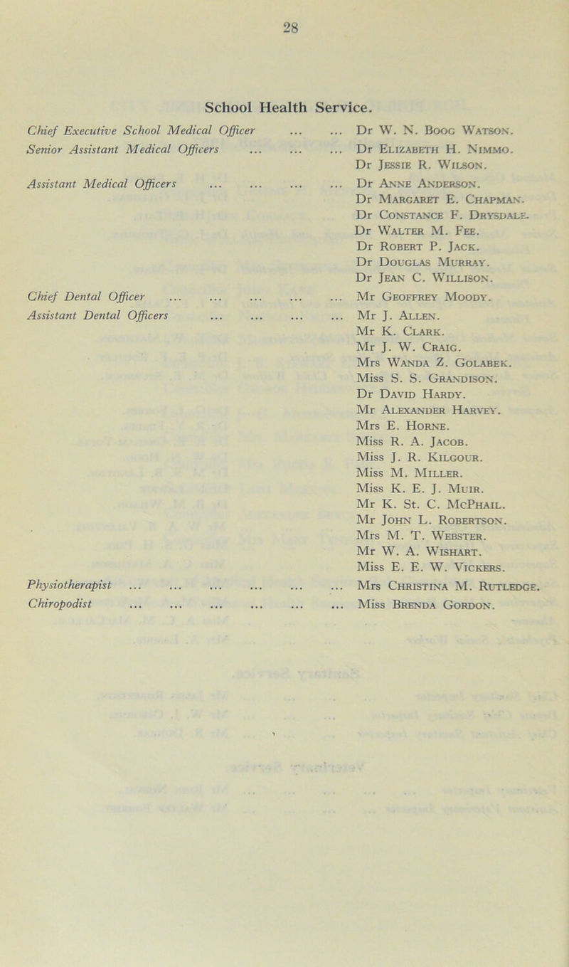 School Health Service. Chief Executive School Medical Officer ... ... Dr W. N. Boog Watson. Senior Assistant Medical Officers Dr Elizabeth H. Nimmo. Dr Jessie R. Wilson. Assistant Medical Officers ... ... ... ... Dr Anne Anderson. Dr Margaret E. Chapman. Dr Constance F. Drysdale. Dr Walter M. Fee. Dr Robert P. Jack. Dr Douglas Murray. Dr Jean C. Willison. Chief Dental Officer ... ... ... ... ... Mr Geoffrey Moody. Assistant Dental Officers ... ... ... ... Mr J. Allen. Mr K. Clark. Mr J. W. Craig. Mrs Wanda Z. Golabek. Miss S. S. Grandison. Dr David Hardy. Mr Alexander Harvey. Mrs E. Horne. Miss R. A. Jacob. Miss J. R. Kilgour. Miss M. Miller. Miss K. E. J. Muir. Mr K. St. C. McPhail. Mr John L. Robertson. Mrs M. T. Webster. Mr W. A. Wish art. Miss E. E. W. Vickers. Mrs Christina M. Rutledge. Miss Brenda Gordon. Physi o t her apis t Chiropodist