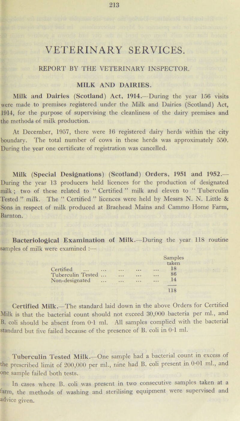 VETERINARY SERVICES. REPORT BY THE VETERINARY INSPECTOR. MILK AND DAIRIES. Milk and Dairies (Scotland) Act, 1914.—During the year 156 visits were made to premises registered under the Milk and Dairies (Scotland) Act, 1914, for the purpose of supervising the cleanliness of the dairy premises and the methods of milk production. At December, 1957, there were 16 registered dairy herds within the city boundary. The total number of cows in these herds was approximately 550. During the year one certificate of registration was cancelled. Milk (Special Designations) (Scotland) Orders, 1951 and 1952.— During the year 13 producers held licences for the production of designated milk ; two of these related to “ Certified ” milk and eleven to “ Tuberculin Tested ” milk. The “ Certified ” licences were held by Messrs N. N. Little & Sons in respect of milk produced at Braehead Mains and Cammo Home Farm, Barnton. Bacteriological Examination of Milk.—During the year 118 routine samples of milk were examined :— Certified Milk.—The standard laid down in the above Orders for Certified Milk is that the bacterial count should not exceed 30,000 bacteria per ml., and B. coli should be absent from 0-1 ml. All samples complied with the bacterial standard but five failed because of the presence of B. coli in 0T ml. Tuberculin Tested Milk.—One sample had a bacterial count in excess of the prescribed limit of 200,000 per ml., nine had B. coli present in 0-01 ml., and one sample failed both tests. In cases where B. coli was present in two consecutive samples taken at a tarm, the methods of washing and sterilising equipment were supervised and advice given. Certified Tuberculin Tested Non-designated Samples taken 18 86 14 118