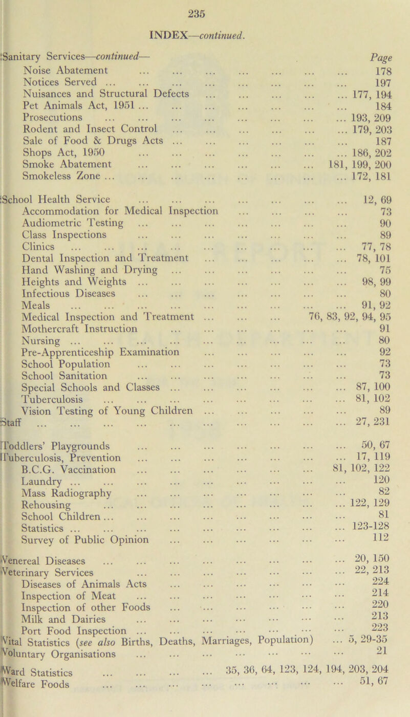 INDEX [Sanitary Services—continued— Noise Abatement Notices Served ... Nuisances and Structural Defects Pet Animals Act, 1951 ... Prosecutions Rodent and Insect Control Sale of Food & Drugs Acts ... Shops Act, 1950 Smoke Abatement Smokeless Zone ... continued. Page 178 197 177, 194 184 193, 209 179, 203 187 186, 202 181,199,200 172, 181 [School Health Service Accommodation for Medical Inspection Audiometric Testing Class Inspections Clinics Dental Inspection and Treatment Hand Washing and Drying Heights and Weights ... Infectious Diseases Meals Medical Inspection and Treatment ... Mothercraft Instruction Nursing ... Pre-Apprenticeship Examination School Population School Sanitation Special Schools and Classes ... Tuberculosis Vision Testing of Young Children ... Staff 12, 69 73 90 89 77, 78 78, 101 75 98, 99 80 91, 92 76, 83, 92, 94, 95 91 80 92 73 73 87, 100 81, 102 89 27,231 .Toddlers’ Playgrounds I Tuberculosis, Prevention B.C.G. Vaccination Laundry ... Mass Radiography Rehousing School Children ... Statistics ... Survey of Public Opinion ... 50, 67 ... 17, 119 81, 102, 122 120 82 ... 122, 129 81 ... 123-128 112 •Venereal Diseases Veterinary Services Diseases of Animals Acts Inspection of Meat Inspection of other Foods Milk and Dairies Port Food Inspection ... Vital Statistics (see also Births, Voluntary Organisations ^Vard Statistics Welfare Foods Deaths, Marriages, Population 35 20, 150 22, 213 224 214 220 213 223 5, 29-35 21 36, 64, 123, 124, 194, 203, 204 51, 67