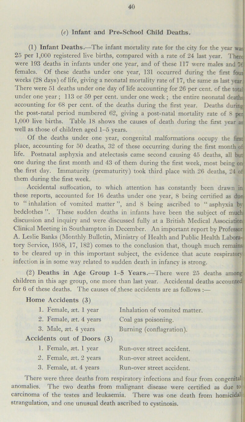 (e) Infant and Pre-School Child Deaths. (1) Infant Deaths.—The infant mortality rate for the city for the year waf 25 per 1,000 registered live births, compared with a rate of 24 last year. Then were 193 deaths in infants under one year, and of these 117 were males and 7f females. Of these deaths under one year, 131 occurred during the first four weeks (28 days) of life, giving a neonatal mortality rate of 17, the same as last vear There were 51 deaths under one day of life accounting for 26 per cent, of the total under one year ; 113 or 59 per cent, under one week ; the entire neonatal deaths accounting for 68 per cent, of the deaths during the first year. Deaths during the post-natal period numbered 62, giving a post-natal mortality rate of 8 ptrj 1,000 live births. Table 18 shows the causes of death during the first year as! well as those of children aged 1-5 years. Of the deaths under one year, congenital malformations occupy the first place, accounting for 50 deaths, 32 of these occurring during the first month of life. Postnatal asphyxia and atelectasis came second causing 45 deaths, all but one during the first month and 43 of them during the first week, most being on the first day. Immaturity (prematurity) took third place with 26 deaths, 24 of them during the first week. Accidental suffocation, to which attention has constantly been drawn in these reports, accounted for 16 deaths under one year, 8 being certified as due to “ inhalation of vomited matter ”, and 8 being ascribed to “ asphyxia hr bedclothes ”. These sudden deaths in infants have been the subject of much discussion and inquiry and were discussed fully at a British Medical Association Clinical Meeting in Southampton in December. An important report by Professor A. Leslie Banks (Monthly Bulletin, Ministry of Health and Public Health Labora- tory Service, 1958, 17, 182) comes to the conclusion that, though much remains to be cleared up in this important subject, the evidence that acute respirator)' infection is in some way related to sudden death in infancy is strong. (2) Deaths in Age Group 1-5 Years.—There were 25 deaths among children in this age group, one more than last year. Accidental deaths accounted for 6 of these deaths. The causes of these accidents are as follows :— Home Accidents (3) 1. Female, set. 1 year 2. Female, ast. 4 years 3. Male, set. 4 years Accidents out of Doors (3) 1. Female, set. 1 year 2. Female, tet. 2 years 3. Female, at. 4 years Inhalation of vomited matter. Coal gas poisoning. Burning (conflagration). Run-over street accident. Run-over street accident. Run-over street accident. There were three deaths from respiratory infections and four from congenital anomalies. The two deaths from malignant disease were certified as due to carcinoma of the testes and leukaemia. There was one death from homicidal strangulation, and one unusual death ascribed to cystinosis.