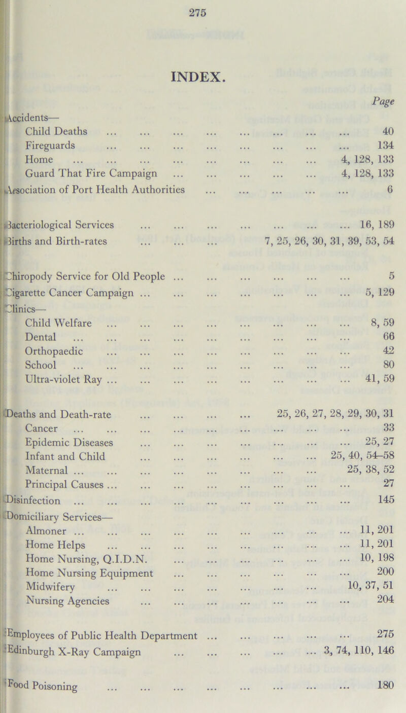 INDEX Page Occidents— Child Deaths 40 Fireguards 134 Home 4, 128, 133 Guard That Fire Campaign 4, 128, 133 besociation of Port Health Authorities 6 bacteriological Services 16, 189 births and Birth-rates 7, 25, 26, 30, 31, 39, 53, 54 .Chiropody Service for Old People ... 5 Cigarette Cancer Campaign ... 5, 129 (Clinics— Child Welfare 8,59 Dental 66 Orthopaedic 42 School 80 Ultra-violet Ray ... 41,59 ■Deaths and Death-rate 25, 26, 27, 28, 29, 30, 31 Cancer 33 Epidemic Diseases 25,27 Infant and Child 25, 40, 54r-58 Maternal ... 25, 38, 52 Principal Causes ... 27 'Disinfection 145 ^Domiciliary Services— Almoner ... 11,201 Home Helps 11,201 Home Nursing, Q.I.D.N. 10, 198 Home Nursing Equipment 200 Midwifery 10, 37, 51 Nursing Agencies 204 -Employees of Public Health Department ... 275 • Edinburgh X-Ray Campaign 3, 74, 110, 146 'Food Poisoning 180