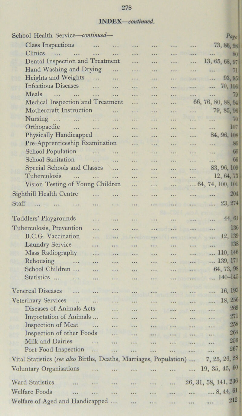 INDEX—continued. School Health Service—continued—■ Page Class Inspections 73,86,98 Clinics 80 Dental Inspection and Treatment ... ... 13,65,68,97 Hand Washing and Drying 71 Heights and Weights 93,951 Infectious Diseases 70,1061 Meals 79! Medical Inspection and Treatment 66, 76, 80, 88,941 Mothercraft Instruction ... 79, 85,961 Nursing ... ... ... 70 Orthopaedic ... ... ... ... 107 Physically Handicapped ... ... 84, 96,108 j Pre-Apprenticeship Examination 86 School Population ... 66 School Sanitation 66 Special Schools and Classes ... 83,96,109 Tuberculosis ... ... ... 12,64,73 Vision Testing of Young Children ...64, 74,100,101 Sighthill Health Centre ... 204 Staff 23,274 Toddlers’ Playgrounds ... 44,61 Tuberculosis, Prevention 136 B.C.G. Vaccination 12,139 Laundry Service ... 138 Mass Radiography ... ... ... 110,146 Rehousing ... ... ... ... 139,171 School Children ... ... ... ... 64, 73.9S Statistics ... 140-145 Venereal Diseases ... 16,193 Veterinary Services 18,256 Diseases of Animals Acts ... ... 269 Importation of Animals ... ... 271 Inspection of Meat ... ... 258 Inspection of other Foods ... 264 Milk and Dairies ... 256 Port Food Inspection ... 267 Vital Statistics (see also Births, Deaths, Marriages, Population ) .... 7, 25, 26, 28 Voluntary Organisations ... ... ... 19, 35, 45, 60 Ward Statistics 26, 31, 58, 141,236 Welfare Foods ... ... ... ... ... 8, 44, 61 Welfare of Aged and Handicapped ... ... 212