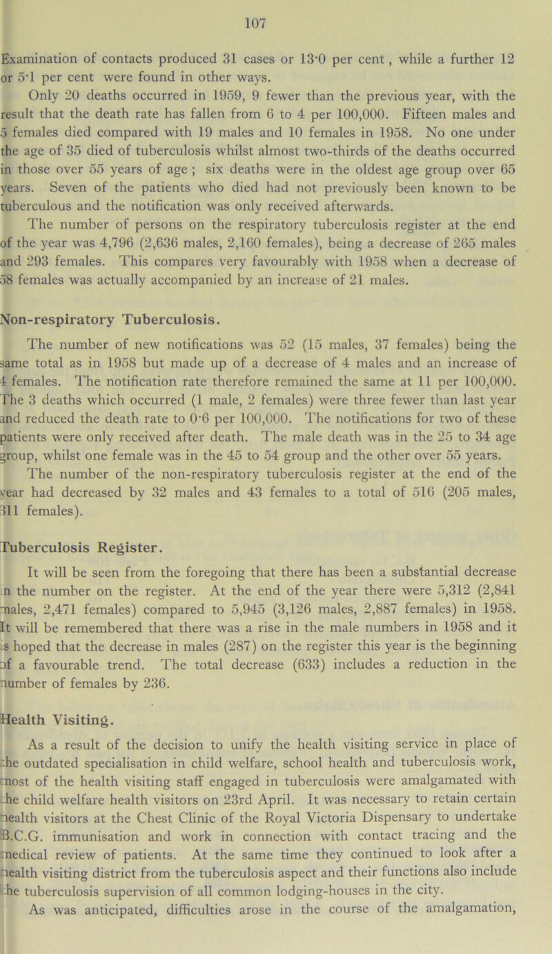 Examination of contacts produced 31 cases or 13-0 per cent, while a further 12 or 54 per cent were found in other ways. Only 20 deaths occurred in 1959, 9 fewer than the previous year, with the result that the death rate has fallen from 6 to 4 per 100,000. Fifteen males and 5 females died compared with 19 males and 10 females in 1958. No one under the age of 35 died of tuberculosis whilst almost two-thirds of the deaths occurred in those over 55 years of age ; six deaths were in the oldest age group over 65 years. Seven of the patients who died had not previously been known to be tuberculous and the notification was only received afterwards. The number of persons on the respiratory tuberculosis register at the end of the year was 4,796 (2,636 males, 2,160 females), being a decrease of 265 males and 293 females. This compares very favourably with 1958 when a decrease of 58 females was actually accompanied by an increase of 21 males. Non-respiratory Tuberculosis. The number of new notifications was 52 (15 males, 37 females) being the same total as in 1958 but made up of a decrease of 4 males and an increase of 4 females. The notification rate therefore remained the same at 11 per 100,000. The 3 deaths which occurred (1 male, 2 females) were three fewer than last year and reduced the death rate to 06 per 100,000. The notifications for two of these patients were only received after death. The male death was in the 25 to 34 age group, whilst one female was in the 45 to 54 group and the other over 55 years. The number of the non-respiratory tuberculosis register at the end of the year had decreased by 32 males and 43 females to a total of 516 (205 males, ill females). Tuberculosis Register. It will be seen from the foregoing that there has been a substantial decrease n the number on the register. At the end of the year there were 5,312 (2,841 males, 2,471 females) compared to 5,945 (3,126 males, 2,887 females) in 1958. It will be remembered that there was a rise in the male numbers in 1958 and it s hoped that the decrease in males (287) on the register this year is the beginning of a favourable trend. The total decrease (633) includes a reduction in the number of females by 236. Health Visiting. As a result of the decision to unify the health visiting service in place of ::he outdated specialisation in child welfare, school health and tuberculosis work, most of the health visiting staff engaged in tuberculosis were amalgamated with he child welfare health visitors on 23rd April. It was necessary to retain certain Health visitors at the Chest Clinic of the Royal Victoria Dispensary to undertake 33.C.G. immunisation and work in connection with contact tracing and the medical review of patients. At the same time they continued to look after a Health visiting district from the tuberculosis aspect and their functions also include he tuberculosis supervision of all common lodging-houses in the city. As was anticipated, difficulties arose in the course of the amalgamation,