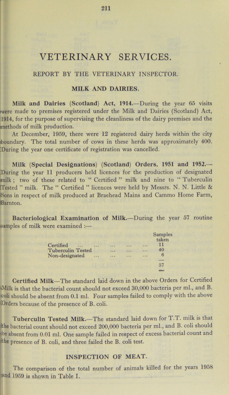 VETERINARY SERVICES. REPORT BY THE VETERINARY INSPECTOR. MILK AND DAIRIES. Milk and Dairies (Scotland) Act, 1914.—During the year 65 visits rvvere made to premises registered under the Milk and Dairies (Scotland) Act, 1914, for the purpose of supervising the cleanliness of the dairy premises and the imethods of milk production. At December, 1959, there were 12 registered dairy herds within the city •boundary. The total number of cows in these herds was approximately 400. [During the year one certificate of registration was cancelled. Milk (Special Designations) (Scotland) Orders, 1951 and 1952.— During the year 11 producers held licences for the production of designated imilk ; two of these related to “ Certified ” milk and nine to “ Tuberculin [Tested ” milk. The “ Certified ” licences were held by Messrs. N. N. Little & Sons in respect of milk produced at Braehead Mains and Cammo Home Farm, ffiarnton. Bacteriological Examination of Milk.—During the year 57 routine samples of milk were examined :— Samples taken Certified ... ... ••• ••• ••• H Tuberculin Tested ... ••• ••• 40 Non-designated ... ... ••• ••• 6 57 Certified Milk—The standard laid down in the above Orders for Certified •Milk is that the bacterial count should not exceed 30,000 bacteria per ml., and B. icoli should be absent from 0.1 ml. Four samples failed to comply with the above •-Orders because of the presence of B. coli. Tuberculin Tested Milk.—The standard laid down for T.T. milk is that fche bacterial count should not exceed 200,000 bacteria per ml., and B. coli should *t>e absent from 0.01 ml. One sample failed in respect of excess bacterial count and She presence of B. coli, and three failed the B. coli test. INSPECTION OF MEAT. * The comparison of the total number of animals killed for the years 1958 ®nd 1959 is shown in Table I.