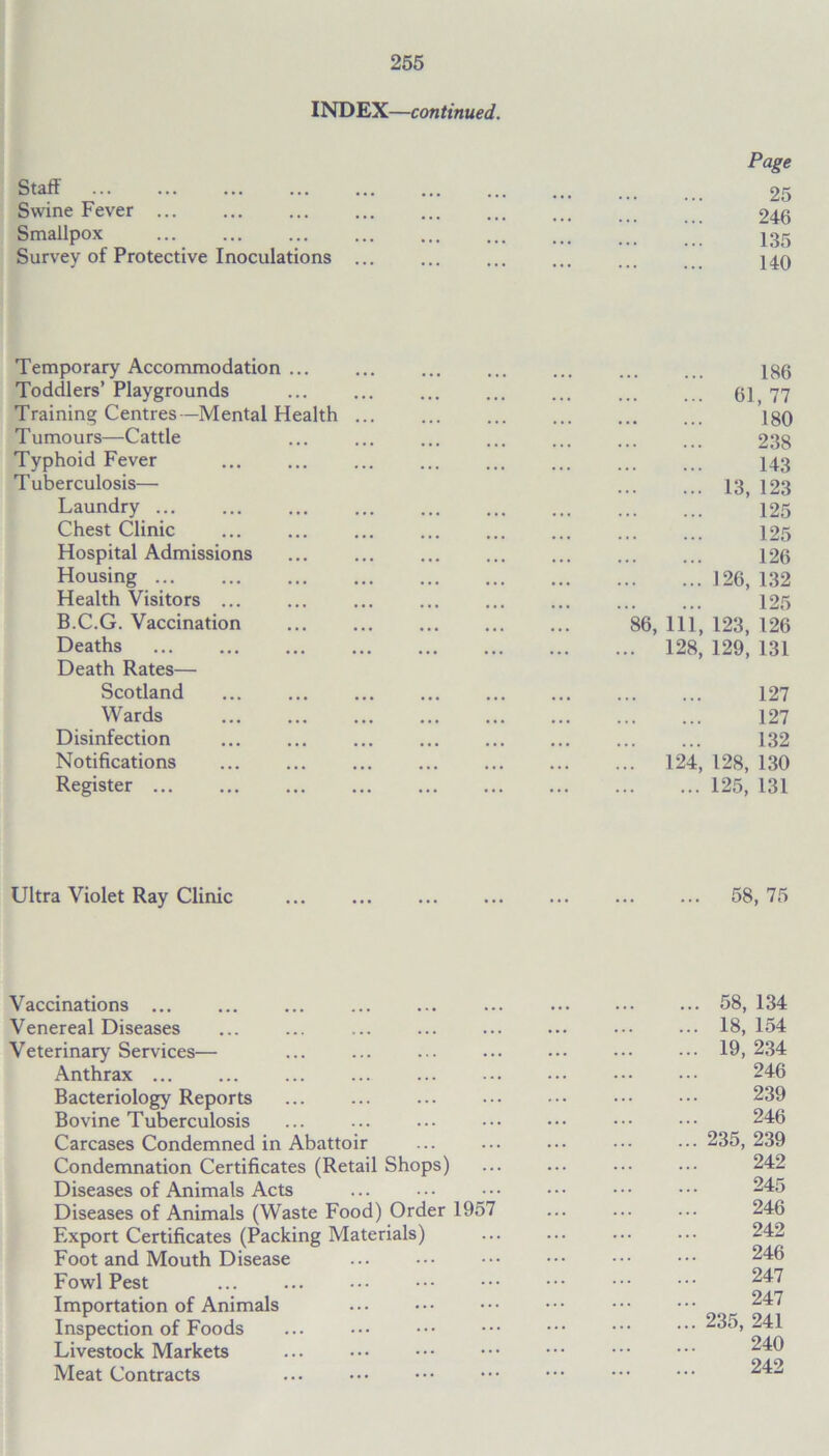 INDEX—continued. Staff Swine Fever Smallpox Survey of Protective Inoculations Page 25 246 135 140 Temporary Accommodation ... Toddlers’ Playgrounds Training Centres—Mental Health Tumours—Cattle Typhoid Fever Tuberculosis— Laundry ... Chest Clinic Hospital Admissions Housing ... Health Visitors ... B.C.G. Vaccination Deaths Death Rates— Scotland Wards Disinfection Notifications Register ... 186 61, 77 180 238 143 13, 123 125 125 126 126, 132 125 86, 111, 123, 126 ... 128, 129, 131 127 127 132 ... 124, 128, 130 125, 131 Ultra Violet Ray Clinic 58, 75 Vaccinations ... Venereal Diseases Veterinary Services— Anthrax ... Bacteriology Reports Bovine Tuberculosis Carcases Condemned in Abattoir Condemnation Certificates (Retail Shops) Diseases of Animals Acts Diseases of Animals (Waste Food) Order 1957 Export Certificates (Packing Materials) Foot and Mouth Disease Fowl Pest ... ... ••• Importation of Animals ... Inspection of Foods Livestock Markets ... ••• Meat Contracts ... 58, 134 ... 18, 154 ... 19,234 246 239 246 ... 235, 239 242 245 246 242 246 247 247 ... 235, 241 240 242