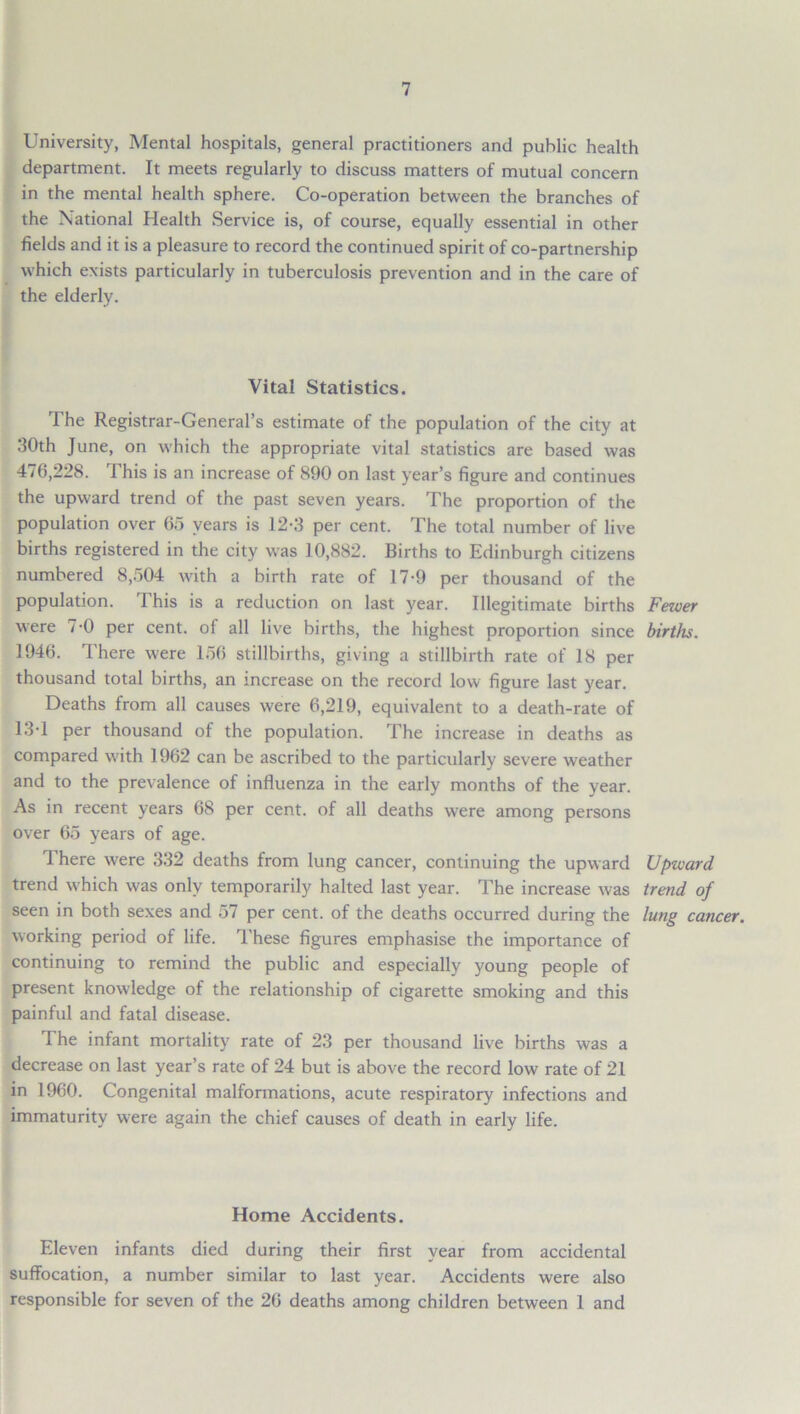 University, Mental hospitals, general practitioners and public health department. It meets regularly to discuss matters of mutual concern in the mental health sphere. Co-operation between the branches of the National Health Service is, of course, equally essential in other fields and it is a pleasure to record the continued spirit of co-partnership which exists particularly in tuberculosis prevention and in the care of the elderly. Vital Statistics. The Registrar-General’s estimate of the population of the city at 30th June, on which the appropriate vital statistics are based was 476,228. This is an increase of 890 on last year’s figure and continues the upward trend of the past seven years. The proportion of the population over 65 years is 12-3 per cent. The total number of live births registered in the city w’as 10,882. Births to Edinburgh citizens numbered 8,504 with a birth rate of 17-9 per thousand of the population. This is a reduction on last year. Illegitimate births Fewer were 7-0 per cent, of all live births, the highest proportion since births. 1946. There were 156 stillbirths, giving a stillbirth rate of 18 per thousand total births, an increase on the record low figure last year. Deaths from all causes were 6,219, equivalent to a death-rate of 13-1 per thousand of the population. The increase in deaths as compared with 1962 can be ascribed to the particularly severe weather and to the prevalence of influenza in the early months of the year. As in recent years 68 per cent, of all deaths were among persons over 65 years of age. There were 332 deaths from lung cancer, continuing the upward Upward trend which was only temporarily halted last year. The increase was trend of seen in both sexes and 57 per cent, of the deaths occurred during the lung cancer. working period of life. 1'hese figures emphasise the importance of continuing to remind the public and especially young people of present knowledge of the relationship of cigarette smoking and this painful and fatal disease. The infant mortality rate of 23 per thousand live births was a decrease on last year’s rate of 24 but is above the record low rate of 21 in 1960. Congenital malformations, acute respiratory infections and immaturity were again the chief causes of death in early life. Home Accidents. Eleven infants died during their first year from accidental suffocation, a number similar to last year. Accidents were also responsible for seven of the 26 deaths among children between 1 and
