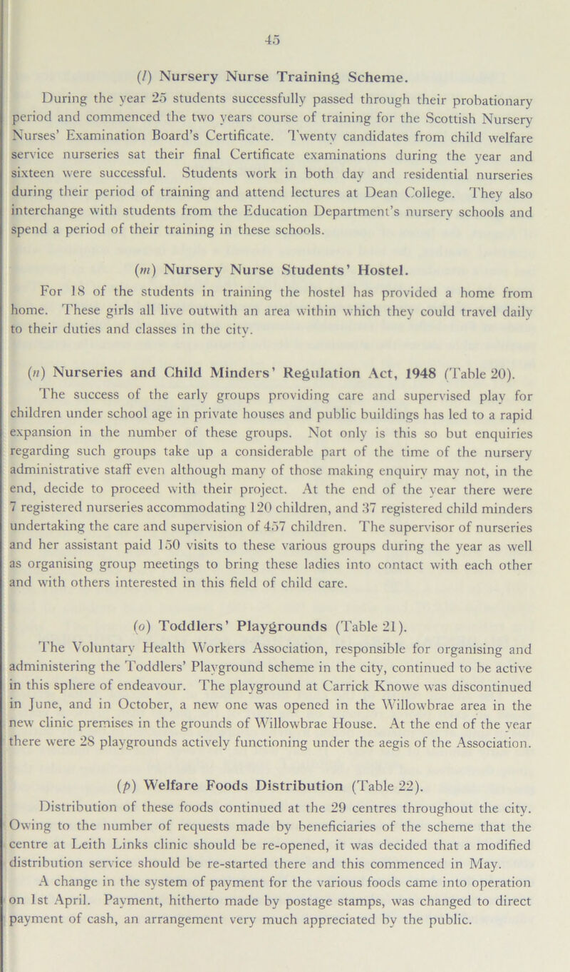 (/) Nursery Nurse Training Scheme. During the year 25 students successfully passed through their probationary period and commenced the two years course of training for the Scottish Nursery Nurses’ Examination Board’s Certificate. Twenty candidates from child welfare sendee nurseries sat their final Certificate examinations during the year and sixteen were successful. Students work in both day and residential nurseries during their period of training and attend lectures at Dean College. They also interchange with students from the Education Department’s nursery schools and spend a period of their training in these schools. (m) Nursery Nurse Students’ Hostel. For IS of the students in training the hostel has provided a home from home. These girls all live outwith an area within which they could travel daily to their duties and classes in the city. (//) Nurseries and Child Minders’ Regulation Act, 1948 ('Fable 20). The success of the early groups providing care and supervised play for children under school age in private houses and public buildings has led to a rapid expansion in the number of these groups. Not only is this so but enquiries regarding such groups take up a considerable part of the time of the nursery administrative staff even although many of those making enquiry may not, in the end, decide to proceed with their project. At the end of the year there were 7 registered nurseries accommodating 120 children, and 37 registered child minders undertaking the care and supervision of 457 children. The supervisor of nurseries and her assistant paid 150 visits to these various groups during the year as well as organising group meetings to bring these ladies into contact with each other and with others interested in this field of child care. (o) Toddlers’ Playgrounds (Table 21). The Voluntary Health Workers Association, responsible for organising and administering the Toddlers’ Playground scheme in the city, continued to be active in this sphere of endeavour. The playground at Carrick Knowe was discontinued in June, and in October, a new one was opened in the Willowbrae area in the new clinic premises in the grounds of Willowbrae House. At the end of the vear there were 2S playgrounds actively functioning under the aegis of the Association. (/>) Welfare Foods Distribution (Table 22). Distribution of these foods continued at the 29 centres throughout the city. Owing to the number of requests made by beneficiaries of the scheme that the centre at Leith Links clinic should be re-opened, it was decided that a modified distribution service should be re-started there and this commenced in May. A change in the system of payment for the various foods came into operation on 1st April. Payment, hitherto made by postage stamps, was changed to direct payment of cash, an arrangement very much appreciated by the public.