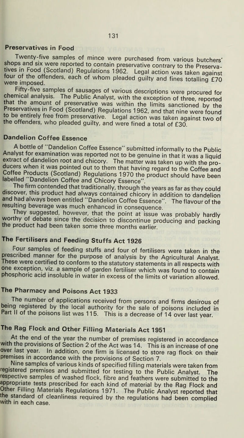 Preservatives in Food Twenty-five samples of mince were purchased from various butchers' shops and six were reported to contain preservative contrary to the Preserva- tives in Food (Scotland) Regulations 1962. Legal action was taken against four of the offenders, each of whom pleaded guilty and fines totallinq £70 were imposed. a Fifty-five samples of sausages of various descriptions were procured for cherrucal analysis. The Public Analyst, with the exception of three, reported a the amount of preservative was within the limits sanctioned by the Preservatives in Food (Scotland) Regulations 1962, and that nine were found to be entirely free from preservative. Legal action was taken against two of the offenders, who pleaded guilty, and were fined a total of £30. Dandelion Coffee Essence A bottle of Dandelion Coffee Essence submitted informally to the Public Analyst for examination was reported not to be genuine in that it was a liquid extract of dandelion root and chicory. The matter was taken up with the pro- ducers when it was pointed out to them that having regard to the Coffee and ,C°f ®e/.r°ducts (Scotland) Regulations 1970 the product should have been labelled Dandelion Coffee and Chicory Essence. The firm contended that traditionally, through the years as far as they could d|Scover, this product had always contained chicory in addition to dandelion and had always been entitled Dandelion Coffee Essence. The flavour of the resulting beverage was much enhanced in consequence. They suggested, however, that the point at issue was probably hardly worthy of debate since the decision to discontinue producing and packing the product had been taken some three months earlier. The Fertilisers and Feeding Stuffs Act 1926 Four samples of feeding stuffs and four of fertilisers were taken in the prescribed manner for the purpose of analysis by the Agricultural Analyst. These were certified to conform to the statutory statements in all respects with one exception, viz. a sample of garden fertiliser which was found to contain phosphoric acid insoluble in water in excess of the limits of variation allowed. The Pharmacy and Poisons Act 1933 The number of applications received from persons and firms desirous of being registered by the local authority for the sale of poisons included in Part 11 of the poisons list was 115. I his is a decrease of 14 over last year. The Rag Flock and Other Filling Materials Act 1951 At the end of the year the number of premises registered in accordance with the provisions of Section 2 of the Act was 14. This is an increase of one over last year. In addition, one firm is licensed to store rag flock on their premises in accordance with the provisions of Section 7. Nine samples of various kinds of specified filling materials were taken from registered premises and submitted for testing to the Public Analyst. The respective samples of washed flock, fibre and feathers were submitted to the appropriate tests prescribed for each kind of material by the Rag Flock and Other Filling Materials Regulations 1971. The Public Analyst reported that the standard of cleanliness required by the regulations had been complied with in each case.