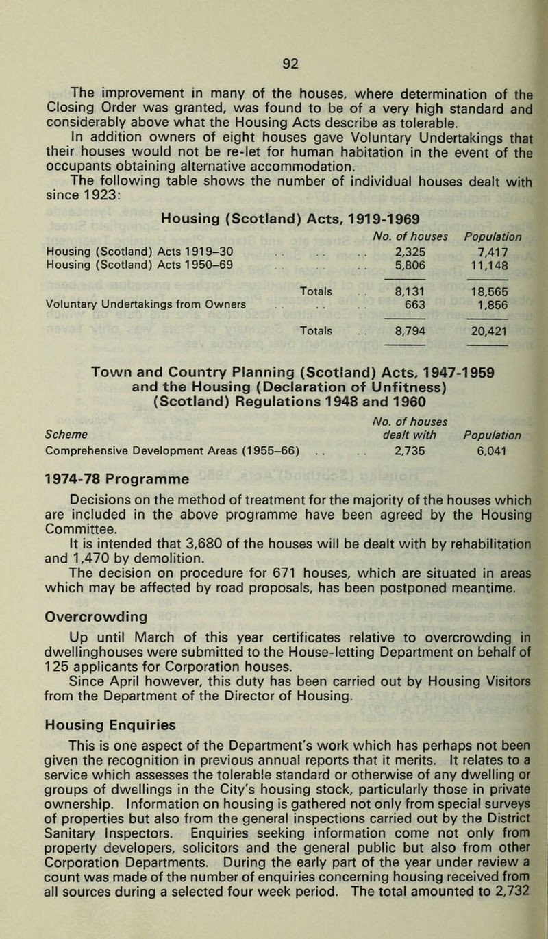 The improvement in many of the houses, where determination of the Closing Order was granted, was found to be of a very high standard and considerably above what the Housing Acts describe as tolerable. In addition owners of eight houses gave Voluntary Undertakings that their houses would not be re-let for human habitation in the event of the occupants obtaining alternative accommodation. The following table shows the number of individual houses dealt with since 1923: Housing (Scotland) Acts, 1919-1969 No. of houses Population Housing (Scotland) Acts 1919-30 2,325 7,417 Housing (Scotland) Acts 1950-69 5,806 11,148 Totals 8,131 18,565 Voluntary Undertakings from Owners 663 1,856 Totals 8,794 20,421 Town and Country Planning (Scotland) Acts, 1947-1959 and the Housing (Declaration of Unfitness) (Scotland) Regulations 1948 and 1960 No. of houses Scheme dealt with Population Comprehensive Development Areas (1955-66) 2,735 6,041 1974-78 Programme Decisions on the method of treatment for the majority of the houses which are included in the above programme have been agreed by the Housing Committee. It is intended that 3,680 of the houses will be dealt with by rehabilitation and 1,470 by demolition. The decision on procedure for 671 houses, which are situated in areas which may be affected by road proposals, has been postponed meantime. Overcrowding Up until March of this year certificates relative to overcrowding in dwellinghouses were submitted to the House-letting Department on behalf of 125 applicants for Corporation houses. Since April however, this duty has been carried out by Housing Visitors from the Department of the Director of Housing. Housing Enquiries This is one aspect of the Department's work which has perhaps not been given the recognition in previous annual reports that it merits. It relates to a service which assesses the tolerable standard or otherwise of any dwelling or groups of dwellings in the City's housing stock, particularly those in private ownership. Information on housing is gathered not only from special surveys of properties but also from the general inspections carried out by the District Sanitary Inspectors. Enquiries seeking information come not only from property developers, solicitors and the general public but also from other Corporation Departments. During the early part of the year under review a count was made of the number of enquiries concerning housing received from all sources during a selected four week period. The total amounted to 2,732