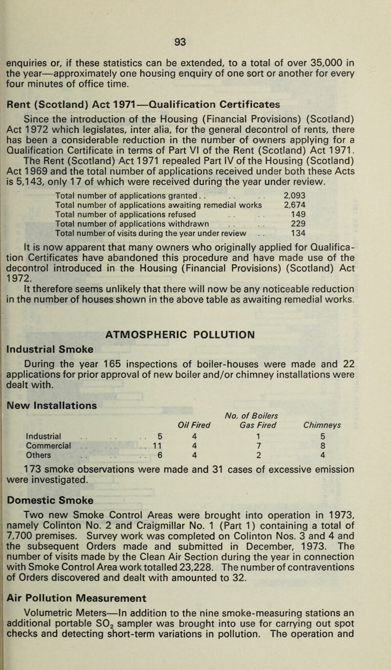 enquiries or, if these statistics can be extended, to a total of over 35,000 in the year—approximately one housing enquiry of one sort or another for every four minutes of office time. Rent (Scotland) Act 1971—Qualification Certificates Since the introduction of the Housing (Financial Provisions) (Scotland) Act 1972 which legislates, inter alia, for the general decontrol of rents, there has been a considerable reduction in the number of owners applying for a Qualification Certificate in terms of Part VI of the Rent (Scotland) Act 1971. The Rent (Scotland) Act 1971 repealed Part IV of the Housing (Scotland) Act 1969 and the total number of applications received under both these Acts is 5,143, only 17 of which were received during the year under review. Total number of applications granted. . 2,093 Total number of applications awaiting remedial works 2,674 Total number of applications refused 149 Total number of applications withdrawn 229 Total number of visits during the year under review 134 It is now apparent that many owners who originally applied for Qualifica- tion Certificates have abandoned this procedure and have made use of the decontrol introduced in the Housing (Financial Provisions) (Scotland) Act 1972. It therefore seems unlikely that there will now be any noticeable reduction in the number of houses shown in the above table as awaiting remedial works. ATMOSPHERIC POLLUTION Industrial Smoke During the year 165 inspections of boiler-houses were made and 22 applications for prior approval of new boiler and/or chimney installations were dealt with. New Installations Industrial . . 5 0/7 Fired 4 No. of Boilers Gas Fired 1 Chimneys 5 Commercial . .11 4 7 8 Others 6 4 2 4 173 smoke observations were made and 31 cases of excessive emission were investigated. Domestic Smoke Two new Smoke Control Areas were brought into operation in 1973, namely Colinton No. 2 and Craigmillar No. 1 (Part 1) containing a total of 7,700 premises. Survey work was completed on Colinton Nos. 3 and 4 and the subsequent Orders made and submitted in December, 1973. The number of visits made by the Clean Air Section during the year in connection with Smoke Control Area work totalled 23,228. The number of contraventions of Orders discovered and dealt with amounted to 32. Air Pollution Measurement Volumetric Meters—In addition to the nine smoke-measuring stations an additional portable S02 sampler was brought into use for carrying out spot checks and detecting short-term variations in pollution. The operation and