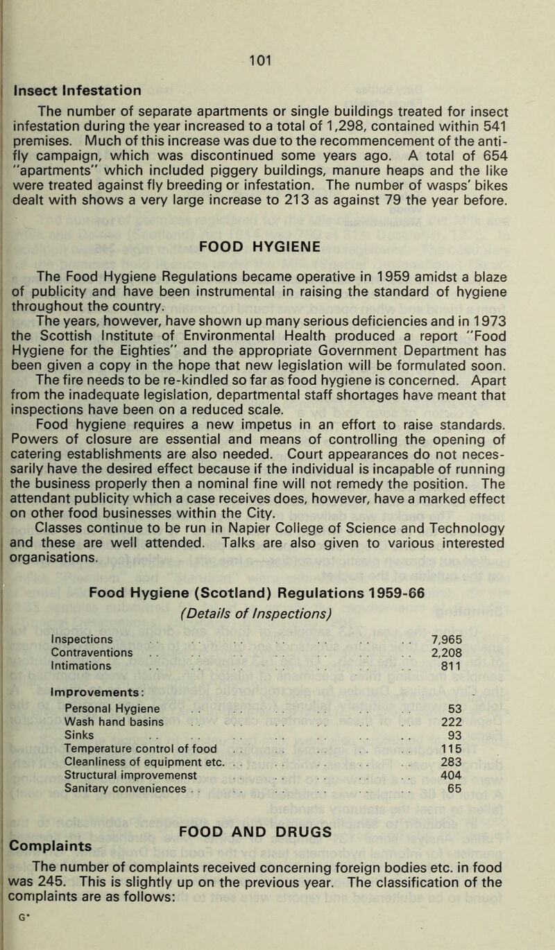 Insect Infestation The number of separate apartments or single buildings treated for insect infestation during the year increased to a total of 1,298, contained within 541 premises. Much of this increase was due to the recommencement of the anti- fly campaign, which was discontinued some years ago. A total of 654 apartments which included piggery buildings, manure heaps and the like were treated against fly breeding or infestation. The number of wasps' bikes dealt with shows a very large increase to 213 as against 79 the year before. FOOD HYGIENE The Food Hygiene Regulations became operative in 1959 amidst a blaze of publicity and have been instrumental in raising the standard of hygiene throughout the country. The years, however, have shown up many serious deficiencies and in 1973 the Scottish Institute of Environmental Health produced a report Food Hygiene for the Eighties and the appropriate Government Department has been given a copy in the hope that new legislation will be formulated soon. The fire needs to be re-kindled so far as food hygiene is concerned. Apart from the inadequate legislation, departmental staff shortages have meant that inspections have been on a reduced scale. Food hygiene requires a new impetus in an effort to raise standards. Powers of closure are essential and means of controlling the opening of catering establishments are also needed. Court appearances do not neces- sarily have the desired effect because if the individual is incapable of running the business properly then a nominal fine will not remedy the position. The attendant publicity which a case receives does, however, have a marked effect on other food businesses within the City. Classes continue to be run in Napier College of Science and Technology and these are well attended. Talks are also given to various interested organisations. Food Hygiene (Scotland) Regulations 1959-66 (Details of Inspections) Inspections 7,965 Contraventions 2,208 Intimations 811 Improvements: Personal Hygiene 53 Wash hand basins 222 Sinks . . 93 Temperature control of food 115 Cleanliness of equipment etc. . . 283 Structural improvemenst 404 Sanitary conveniences . 65 FOOD AND DRUGS Complaints The number of complaints received concerning foreign bodies etc. in food was 245. This is slightly up on the previous year. The classification of the complaints are as follows: I G*