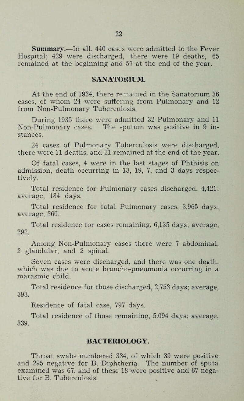 Summary.—In all, 440 cases were admitted to the Fever Hospital; 429 were discharged, there were 19 deaths, 65 remained at the beginning and 57 at the end of the year. SANATORIUM. At the end of 1934, there remained in the Sanatorium 36 cases, of whom 24 were suffering from Pulmonary and 12 from Non-Pulmonary Tuberculosis. During 1935 there were admitted 32 Pulmonary and 11 Non-Pulmonary cases. The sputum was positive in 9 in- stances. 24 cases of Pulmonary Tuberculosis were discharged, there were 11 deaths, and 21 remained at the end of the year. Of fatal cases, 4 were in the last stages of Phthisis on admission, death occurring in 13, 19, 7, and 3 days respec- tively. Total residence for Pulmonary cases discharged, 4,421; average, 184 days. Total residence for fatal Pulmonary cases, 3,965 days; average, 360. Total residence for cases remaining, 6,135 days; average, 292. Among Non-Pulmonary cases there were 7 abdominal, 2 glandular, and 2 spinal. Seven cases were discharged, and there was one death, which was due to acute broncho-pneumonia occurring in a marasmic child. Total residence for those discharged, 2,753 days; average, 393. Residence of fatal case, 797 days. Total residence of those remaining, 5.094 days; average, 339. BACTERIOLOGY. Throat swabs numbered 334, of which 39 were positive and 295 negative for B. Diphtheria The number of sputa examined was 67, and of these 18 were positive and 67 nega- tive for B. Tuberculosis.