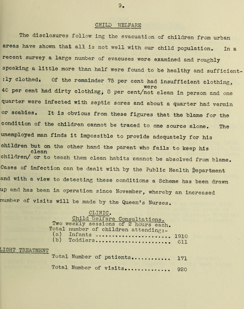 CHILD WELFARE The disclosures follow ing the evacuation of children from urban areas have shown that all is not well with our child population. In a recent survey a large number of evacuees were examined and roughly speaking a little more than half were found to be healthy and sufficient- :ly Clothed* Of the remainder 75 per cent had insufficient clothing, .. were 4C per cent had dirty clothing, 0 per cent/not clean in person and one quarter were infected with septic sores and about a quarter had vermin or scabies. It is obvious from these figures that the blame for the condition of the children cannot be traced to one source alone. The unemployed man finds it impossible to provide adequately for his children but on the other hand the parent who fails to keep his clean children/ or to teach them clean habits cannot be absolved from blame. Cases of infection can be dealt with by the Public Health department and with a view to detecting these conditions a Scheme has been drawn up and has been in operation since November, whereby an increased number of visits will be made by the Queen’s Nurses. CLINIC. Child Welfare ConsultationsP Two weekly sessions of 2 hours each. Total number of children attending (a) Infants ’ i qi n (b) Toddlers * LIGHT TREATMENT 171 Total Number of patients* Total Number of visits... 920