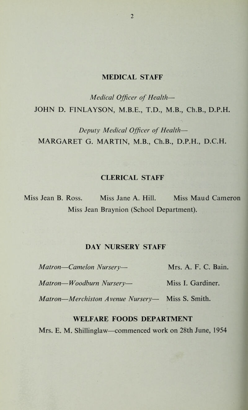 MEDICAL STAFF Medical Officer of Health— JOHN D. FINLAYSON, T.D., M.B., Ch.B., D.P.H. Deputy Medical Officer of Health— MARGARET G. MARTIN, M.B., Ch.B., D.P.H., D.C.H. CLERICAL STAFF Miss Jean B. Ross. Miss Jane A. Hill. Miss Maud Cameron Miss Jean Braynion (School Department). DAY NURSERY STAFF Matron—Camelon Nursery— Mrs. A. F. C. Bain. Matron—Woodburn Nursery— Miss I. Gardiner. Matron—Merchiston Avenue Nursery— Miss S. Smith. WELFARE FOODS DEPARTMENT Mrs. E. M. Shillinglaw—commenced work on 28th June, 1954