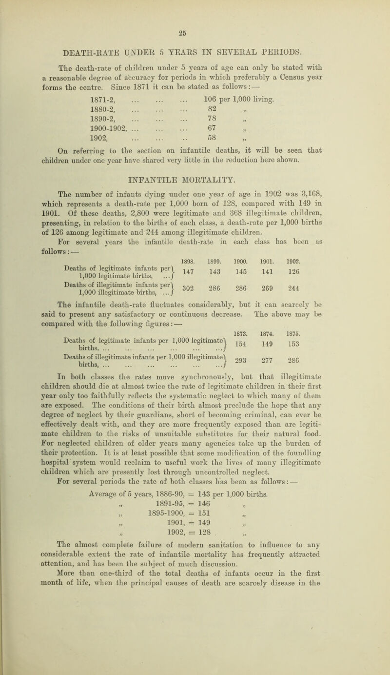 DEATH-RATE UNDER 5 YEARS IN SEVERAL PERIODS. The death-rate of children under 5 years of age can only he stated with a reasonable degree of accuracy for periods in which preferably a Census year forms the centre. Since 1871 it can be stated as follows: — 1871-2, 1880-2, 1890-2, 1900-1902, 1902, 106 per 1,000 living. 82 78 67 58 . » V On referring to the section on infantile deaths, it will be seen that children under one year have shared very little in the reduction here shown. INFANTILE MORTALITY. The number of infants dying under one year of age in 1902 was 3,168, which represents a death-rate per 1,000 born of 128, compared with 149 in 1901. Of these deaths, 2,800 were legitimate and 368 illegitimate children, presenting, in relation to the births of each class, a death-rate per 1,000 births of 126 among legitimate and 244 among illegitimate children. For several years the infantile death-rate in each class has been as follows: — 1898. 1899. 1900. 1901. 1902. Deaths of legitimate infants perl 147 143 145 141 126 1,000 legitimate births, .../ Deaths of illegitimate infants perl 1,000 illegitimate births, .../ 302 286 286 269 244 The infantile death-rate fluctuates considerably, but it can scarcely be said to present any satisfactory or continuous decrease. The above may be compared with the following figures : - 1873. 1874. 1875. Deaths of legitimate infants per 1,000 legitimate! births, ... ... ... ... ... .../ 154 149 153 Deaths of illegitimate infants per 1,000 illegitimate! births, ... ... ... ... ... .../ 293 277 286 In both classes the rates move synchronously, but that illegitimate children should die at almost twice the rate of legitimate children in their first year only too faithfully reflects the systematic neglect to which many of them are exposed. The conditions of their birth almost preclude the hope that any degree of neglect by their guardians, short of becoming criminal, can ever be effectively dealt with, and they are more frequently exposed than are legiti- mate children to the risks of unsuitable substitutes for their natural food. For neglected children of older years many agencies take up the burden of their protection. It is at least possible that some modification of the foundling hospital system would reclaim to useful work the lives of many illegitimate children which are presently lost through uncontrolled neglect. For several periods the rate of both classes has been as follows: — Average of 5 years, 1886-90, — 143 per 1,000 births. „ 1891-95, = 146 „ 1895-1900, = 151 „ 1901, = 149 „ 1902, = 128 The almost complete failure of modern sanitation to influence to any considerable extent the rate of infantile mortality has frequently attracted attention, and has been the subject of much discussion. More than one-third of the total deaths of infants occur in the first month of life, when the principal causes of death are scarcely disease in the