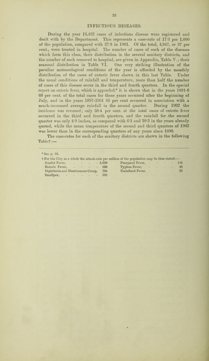 INFECTIOUS DISEASES. During the year 13,432 cases of infectious disease were registered and dealt with by the Department. This represents a case-rate of 17'3 per 1,000 of the population, compared with 27’8 in 1901. Of the total, 4,947, or 37 per cent., were treated in hospital. The number of cases of each of the diseases which form this class, their distribution in the several sanitary districts, and the number of each removed to hospital, are given in Appendix, Table V.; their seasonal distribution in Table VI. One very striking illustration of the peculiar meteorological conditions of the year is afforded by the monthly distribution of the cases of enteric fever shown in this last Table. Under the usual conditions of rainfall and temperature, more than half the number of cases of this disease occur in the third and fourth quarters. In the special report on enteric fever, which is appended,* it is shown that in the years 1891-6 60 per cent, of the total cases for these years occurred after the beginning of July, and in the years 1897-1901 66 per cent occurred in association with a much-increased average rainfall in the second quarter. During 1902 the incidence was reversed; only 38‘4 per cent, of the total cases of enteric fever occurred in the third and fourth quarters, and the rainfall for the second quarter was only 4'9 inches, as compared with 6'1 and 10'2 in the years already quoted, while the mean temperature of the second and third quarters of 1902 was lower than in the corresponding quarters of any years since 1890. The case-rates for each of the sanitary districts are shown in the following Tablej-:— * See p. 91. t For the City as a whole the attack-rate per million of the population may be thus stated :— Scarlet Fever, .... 3,229 Puerperal Fever, - - - - 116 Enteric Fever, .... 899 Typhus Fever, - 46 Diphtheria and Membranous Croup, 794 Undefined Fever, 22 Smallpox, ..... 592