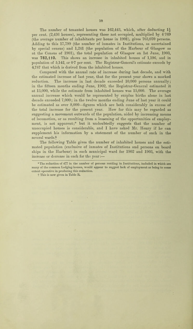 Tlie number of tenanted bouses was 162,443, wbicb, after deducting 1|- per cent. (2,436 bouses), representing those not occupied, multiplied by 4'769 (tbe average number of inhabitants per house in 1901), gives 763,070 persons. Adding to this 17,799 (the number of inmates in Institutions, as ascertained by special census) and 1,241 (the population of the Harbour of Glasgow as at the Census of 1901), the total population of Glasgow on 1st June, 1903, was 782,110. This shows an increase in inhabited houses of 1,196, and in population of 5,142, or 07 per cent. The Registrar-General’s estimate exceeds by 4,787 that which is derived from the inhabited houses. Compared with the annual rate of increase during last decade, and with the estimated increase of last year, that for the present year shows a marked reduction. The increase in last decade exceeded 10,000 persons annually; in the fifteen months ending June, 1902, the Registrar-General estimated it at 13,000, while the estimate from inhabited houses was 15,000. The average annual increase which would be represented by surplus births alone in last decade exceeded 7,000; in the twelve months ending June of last year it could be estimated as over 8,000—figures which are both considerably in excess of the total increase for the present year. How far this may be regarded as suggesting a movement outwards of the population, aided by increasing means of locomotion, or as resulting from a lessening of the opportunities of employ- ment, is not apparent;* but it undoubtedly suggests that the number of unoccupied houses is considerable, and I have asked Mr. Henry if he can supplement his information by a statement of the number of such in the several wards.f The following Table gives the number of inhabited houses and the esti- mated population (exclusive of inmates of Institutions and persons on board ships in the Harbour) in each municipal ward for 1902 and 1903, with the increase or decrease in each for the year:— * The reduction of 477 in the number of persons residing in Institutions, included in which are many of the common Lodging-houses, would appear to suggest lack of employment as being to some extent operative in producing this reduction, f This is now given in Table B. i