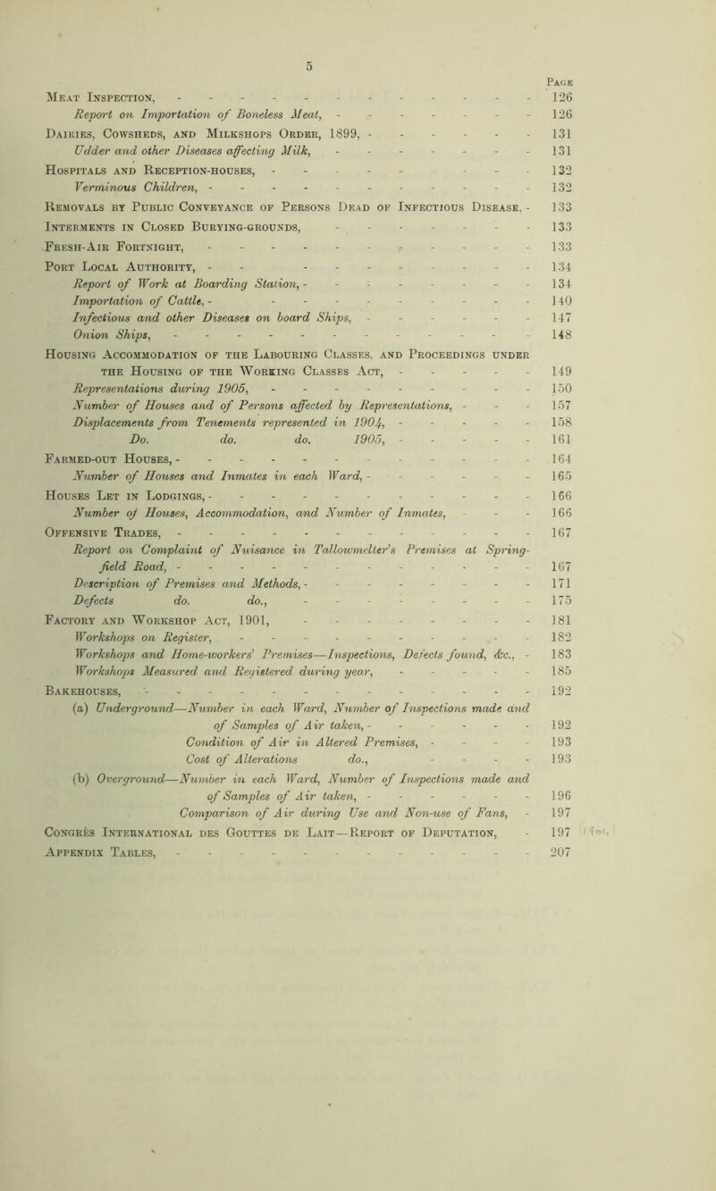 Page Meat Inspection, -----126 Report on Importation of Boneless Meat, - - - - - - - 126 Dairies, Cowsheds, and Milkshops Order, 1899, 131 Udder and other Diseases affecting Milk, - - - - - - -131 Hospitals and Reception-houses, - - - 132 Verminous Children, - - - - - - - - - - -132 Removals by Public Conveyance of Persons Dead of Infectious Disease. - 133 Interments in Closed Burying-grounds, - - - - - - - 133 Fresh-Air Fortnight, ------ 133 Port Local Authority, - - 134 Report of Work at Boarding Station, - - - - - - - - 134 Importation of Cattle, - --------- 140 Infectious and other Diseases on hoard Ships, - - - - - - 147 Onion Ships, - -- -- -- -- -- -148 Housing Accommodation of the Labouring Classes, and Proceedings under the Housing of the Working Classes Act, ----- 149 Representations during 1905, - - - - - - - - - 150 Number of Houses and of Persons affected by Representations, - - - 157 Displacements from Tenements represented in 190 f - - - - - 158 Do. do. do. 1905, - - - - - 161 Farmed-out Houses, ----- 164 Number of Houses and Inmates in each Ward, - - - - - 165 Houses Let in Lodgings,- 166 Number of Houses, Accommodation, and Number of Inmates, - - - 166 Offensive Trades, 167 Report on Complaint of Nuisance in Tallowmelter’s Premises at Spring- field Road, ------------167 Description of Premises and Methods, - - - - - - - -171 Defects do. do., - - - - - - - - 175 Factory and Workshop Act, 1901, - - - - - - - -181 Workshops on Register, - - - - - - - - - -182 Workshops and Home-workers' Premises—Inspections, Defects fou'ud, &c., - 183 Workshops Measured and Registered during year, - - - - - 185 Bakehouses, - - - - 192 (a) Underground—Number in each Ward, Number of Inspections made and of Samples of Air taken,- - - - - - 192 Condition of Air in Altered Premises, - - - - 193 Cost of Alterations do., - - - - 193 (b) Overground—Number in each Ward, Number of Inspections made and of Samples of Air taken, - - - - - - 196 Comparison of Air during Use and Non-use of Fans, - 197 Congres International des Gouttes de Lait—Report of Deputation, - 197