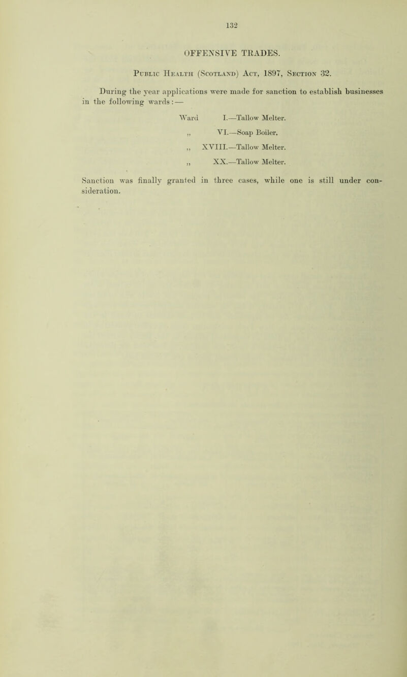 OFFENSIVE TRADES. Public Health (Scotland) Act, 1897, Section 32. During the year applications were made for sanction to establish businesses in the following wards: — Ward I.—Tallow Melter. „ VI.—Soap Boiler, „ XVIII.—Tallow Melter. ,, XX.—Tallow Melter. Sanction was finally granted in three cases, while one is still under con- sideration.