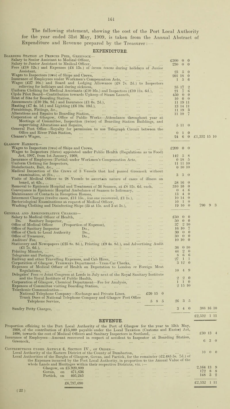 Tlie following statement, showing the cost of the Port Local Authority for the year ended 31st May, 1909, is taken from the Annual Abstract of Expenditure and Revenue prepared by the Treasurer: — EXPENDITURE. Boarding Station at Princes Pier, Greenock— Salary to Senior Assistant to Medical Officer, Salary to Junior Assistant to Medical Officer, Fees (£18 12s.) and Expenses (£4 13s.) of locum tenens during holidays of Junior Assistant, Wages to Inspectors (two) of Ships and Crews, Insurance of Employees under Workmen’s Compensation Acts, Wages (£27 10s.) and Board and Lodging Allowance (£8 7s. 2d.) to Inspectors relieving for holidays and during sickness, Uniform Clothing for Medical Assistants (£10 lGs.) and Inspectors (£10 11s. 6d.), Clyde Pilot Board—Contribution towards Upkeep of Steam Launch, Rent of Site for Boarding Station, Assessments (£10 19s. 9d.) and Insurance (£1 Os. 2d.), Heating (£7 4s. Id.) and Lighting (£6 10s. 10d.), Furnishings, Fittings, &c., Alterations and Repairs to Boarding Station,... Corporation of Glasgow, Office of Public Works—Attendance throughout year at Meetings of Committee, Inspection (twice) of Boarding Station Buildings, and supervising Alterations and Repairs, General Post Office—Royalty for permission to use Telegraph Circuit between the Office and River Pilot Station, Cleaner’s Wages, £300 0 0 230 0 0 23 5 0 201 18 0 1 5 6 35 17 2 21 7 6 450 0 0 10 0 0 11 19 11 13 14 11 11 19 3 11 10 7 5 110 0 1 0 24 6 0 £1,352 15 10 Glasgow Harbour— Wages to Inspectors (two) of Ships and Crews, Wages to Inspectors (three) appointed under Public Health (Regulations as to Food) Act, 1907, from 1st January, 1909, Insurance of Employees (Partial) under Workmen’s Compensation Acts, Uniform Clothing for Inspectors, Disinfectants, Bait, &c., ... Medical Inspection of the Crews of 3 Vessels that had passed Greenock without examination, at 21s., ... Visits of Medical Officer to 28 Vessels to ascertain nature of cases of illness on board, at 42s., ... Removal to Epidemic Hospital and Treatment of 36 Seamen, at £8 12s. 6d. each, Conveyance in Epidemic Hospital Ambulance of Seamen to Infirmary, ... Maintenance of Contacts in Reception Houses, Interment Charges (twelve cases, £11 15s., less one recovered, £1 Is.), ... Bacteriological Examinations at request of Medical Officer, Washing Clothing and Disinfecting Ships (25 at 15s. and 3 at 5s.), General and Administrative Charges— Salary to Medical Officer of Health, Do. Sanitary Inspector, Office of Medical Officer (Proportion of Expense), Office of Sanitary Inspector Do., Office of Clerk to Local Authority Do., Office of Treasurer, Do., Auditors’ Fee, Stationery and Newspapers (£25 8s. Sd (£1 7s. 6d.), Printing Minutes, ... Telegrams and Postages, ... Railway and other Travelling Expenses, and Cab Hires, Corporation of Glasgow, Tramways Department—Tram-Car Checks, Expenses of Medical Officer of Health on Deputation to London re Foreign Meat Regulations, Delegates’ Fees re Joint Congress at Leeds in July next of the Royal Sanitary Institute and the Royal Institute of Public Health, Corporation of Glasgow, Chemical Department—Fee for Analysis, Expenses of Committee visiting Boarding Station, ... Telephonic Communication— National Telephone Company—Exchange and Private Lines, ... £20 15 0 Trunk Dues of National Telephone Company and Glasgow Post Office Telephone Service, ... ... ... ... ... ... ... 5 85 £209 0 0 Printing (£9 4s. Sd.), and Advertising Audit Sundry Petty Charges, 142 5 0 18 11 11 0 10 8 5 in in 3 3 0 58 16 310 10 0 4 13 4 10 14 10 1 19 10 £50 0 0 50 0 0 37 2 10 16 10 7 30 0 0 30 0 0 10 10 0 36 0 10 44 2 0 8 6 6 27 1 1 3 12 0 10 4 9 2 2 0 1 1 0 2 15 10 26 3 5 3 4 0 790 9 3 REVENUE. Proportion effeiring to the Port Local Authority of the Port of Glasgow for the year to 15th May 190S, of the contribution of £15,000 payable under the Local Taxation (Customs and Excise) Act 1890, towards the cost of Medical Officers and Sanitary Inspectors in Scotland, ... ... ... _ •• Insurance of Employees—Amount recovered in respect of accident to Inspector at Boarding Station Greenock, Contributions under Article 6, Section IV., of Order— Local Authority of the Eastern District of the County of Dumbarton, Local Authorities of the Burghs of Glasgow, Govan, and Partick, for the remainder (£2,485 5s. 7d.) of the Expenses incurred by the Port Local Authority, in proportion to tne Annual Value of the whole Lands and Heritages within their respective Districts, viz. Glasgow, on £5,920,809 Govan, on 471,636 Partick, on 405,245 £6,797,690 388 16 10 £2,532 1 11 £30 13 4 6 3 0 10 0 0 2,164 13 9 172 8 8 148 3 2 £2,532 1 11 (22 )