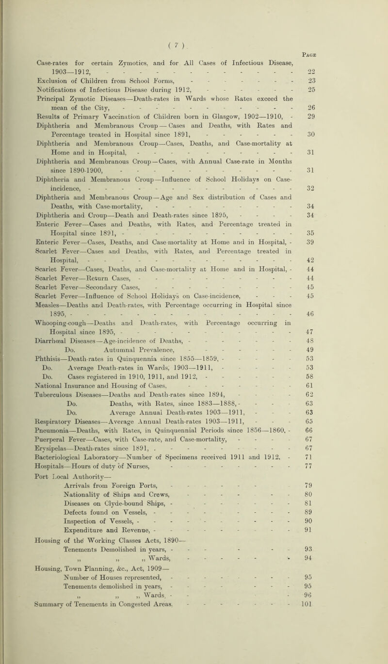 Case-rates for certain Zymotics, and for All Cases of Infectious Disease, 1903—1912, 22 Exclusion of Children from School Forms, - - - - - - - 23 Notifications of Infectious Disease during 1912, ------ 25 Principal Zymotic Diseases—-Death-rates in Wards whose Rates exceed the mean of the City, ----------- 26 Results of Primary Vaccination of Children born in Glasgow, 1902—1910, - 29 Diphtheria and Membranous Croup — Cases and Deaths, with Rates and Pei’centage treated in Hospital since 1891, - - - - - - 30 Diphtheria and Membranous Croup—-Cases, Deaths, and Case-mortality at Home and in Hospital, - - - - - -- -- -31 Diphtheria and Membranous Croup —Cases, with Annual Case-rate in Months since 1890-1900, ... -------- 31 Diphtheria and Membranous Croup—Influence of School Holidays on Case- incidence, -------------32 Diphtheria and Membranous Croup — Age and Sex distribution of Cases and Deaths, with Case-mortality, --------- 34 Diphtheria and Croup—Death and Death-rates since 1895, 34 Enteric Fever—Cases and Deaths, with Rates, and Percentage treated in Hospital since 1891,- - - - - - - - - - - 35 Enteric Fever—Cases, Deaths, and Case mortality at Home and in Hospital, - 39 Scarlet Fever—Cases and Deaths, with Rates, and Percentage treated in Hospital, - -- -- -- -- -- --42 Scarlet Fever—Cases, Deaths, and Case-mortality at Home and in Hospital, - 44 Scarlet Fever—Return Cases, ---------- 44 Scarlet Fever—Secondary Cases, - - - - - - - - - 45 Scarlet Fever—Influence of School Holidays on Case-incidence, 45 Measles—Deaths and Death-rates, with Percentage occurring in Hospital since 1895, 46 Whooping-cough—Deaths and Death-rates, with Percentage occurring in Hospital since 1895, ----------- 47 Diarrhceal Diseases—Age-incidence of Deaths, - - - - - - - 4S Do. Autumnal Prevalence, - - - - - - - 49 Phthisis—Death-rates in Quinquennia since 1855—1859, ----- 53 Do. Average Death-rates in Wards, 1903—1911, ----- 53 Do. Cases registered in 1910, 1911, and 1912, - - - - - 58 National Insurance and Housing of Cases, - - - - - - - 61 Tuberculous Diseases—Deaths and Death-rates since 1894, - - - 62 Do. Deaths, with Rates, since 1883—1888,- 63 Do. Average Annual Death-rates 1903—1911, 63 Respiratory Diseases—Average Annual Death-rates 1903—1911, 65 Pneumonia—Deaths, with Rates, in Quinquennial Periods since 1856—1860, - 66 Puerperal Fever—Cases, with Case-rate, and Case-mortality, - - - - 67 Erysipelas—Death-rates since 1891,. - - - - - - - - 67 Bacteriological Laboratory—Number of Specimens received 1911 and 1912, - 71 Hospitals—Hours of duty of Nurses, - - - - - - - 77 Port Local Authority— Arrivals from Foreign Ports, ------ 79 Nationality of Ships and Crews, - - - - 80 Diseases on Clyde-bound Ships, - ------ 81 Defects found on Vessels, - - - - - - - - - 89 Inspection of Vessels, ------ 90 Expenditure and Revenue, - - - - - - - - - 91 Housing of the' Working Classes Acts, 1890— Tenements Demolished in years, - - - - 93 „ „ „ Wards, ----- 94 Housing, Town Planning, &c., Act, 1909— Number of Houses represented, -------- 95 Tenements demolished in years, - 95 ,, ,, ,, Wards, - - -96 Summary of Tenements in Congested Areas, - - - - - - - 101