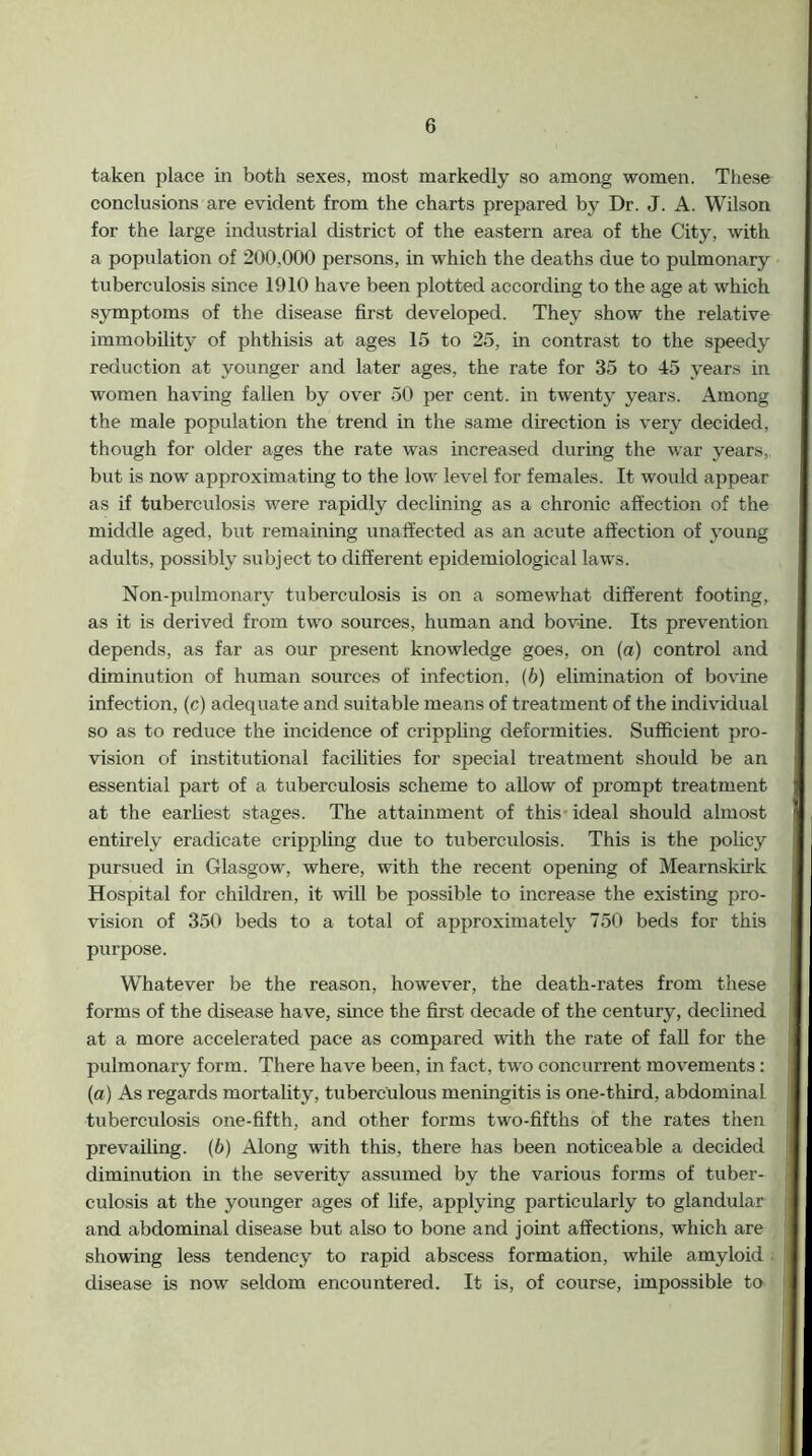 taken place in both sexes, most markedly so among women. These conclusions are evident from the charts prepared by Dr. J. A. Wilson for the large industrial district of the eastern area of the City, with a population of 200,000 persons, in which the deaths due to pulmonary tuberculosis since 1910 have been plotted according to the age at which symptoms of the disease first developed. They show the relative immobility of phthisis at ages 15 to 25, in contrast to the speedy reduction at younger and later ages, the rate for 35 to 45 years in women having fallen by over 50 per cent, in twenty years. Among the male population the trend in the same direction is very decided, though for older ages the rate was increased during the war years, but is now approximating to the low level for females. It would appear as if tuberculosis were rapidly declining as a chronic affection of the middle aged, but remaining unaffected as an acute affection of young adults, possibly subject to different epidemiological laws. Non-pulmonary tuberculosis is on a somewhat different footing, as it is derived from two sources, human and bovine. Its prevention depends, as far as our present knowledge goes, on (a) control and diminution of human sources of infection, (6) elimination of bovine infection, (c) adequate and suitable means of treatment of the indiv^idual so as to reduce the incidence of crippling deformities. Sufficient pro- vision of institutional facilities for special treatment should be an essential part of a tuberculosis scheme to allow of prompt treatment at the earliest stages. The attainment of this-ideal should almost entirely eradicate crippling due to tuberculosis. This is the policy pursued in Glasgow, where, with the recent opening of Mearnskirk Hospital for children, it will be possible to increase the existing pro- vision of 350 beds to a total of approximately 750 beds for this purpose. Whatever be the reason, however, the death-rates from these forms of the disease have, since the first decade of the century, declined at a more accelerated pace as compared with the rate of fall for the pulmonary form. There have been, in fact, two concurrent movements: (a) As regards mortality, tuberculous meningitis is one-third, abdominal tuberculosis one-fifth, and other forms two-fifths of the rates then prevailing. (6) Along with this, there has been noticeable a decided diminution in the severity assumed by the various forms of tuber- culosis at the younger ages of life, applying particularly to glandular and abdominal disease but also to bone and joint affections, which are showing less tendency to rapid abscess formation, while amyloid • disease is now seldom encountered. It is, of course, impossible to