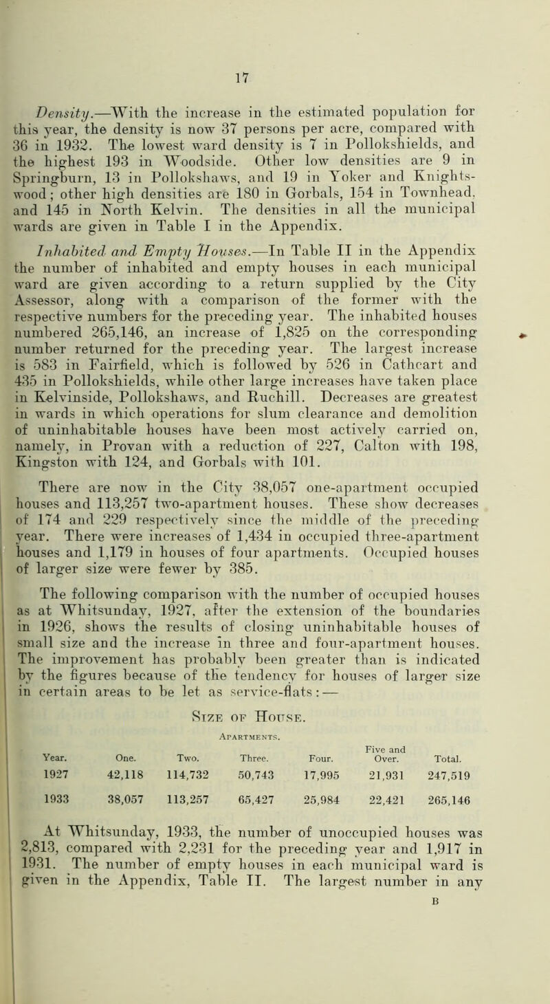 Density.—With the increase in the estimated population for this year, the density is now 37 persons per acre, compared with 36 in 1932. The lowest ward density is 7 in Pollokshields, and the highest 193 in Woodside. Other low densities are 9 in Springburn, 13 in Pollokshaws, and 19 in Yoker and Knights- wood; other high densities are 180 in Gorbals, 154 in Townhead. and 145 in North Kelvin. The densities in all the municipal wards are given in Table I in the Appendix. Inhabited and Empty Douses.—In Table II in the Appendix the number of inhabited and empty houses in each municipal ward are given according to a return supplied by the City Assessor, along with a comparison of the former with the respective numbers for the preceding year. The inhabited houses numbered 265,146, an increase of 1,825 on the corresponding number returned for the preceding year. The largest increase is 583 in Fairfield, which is followed by 526 in Cathcart and 435 in Pollokshields, while other large increases have taken place in Kelvinside, Pollokshaws, and Ruehill. Decreases are greatest in wards in which operations for slum clearance and demolition of uninhabitable houses have been most actively carried on, namely, in Provan with a reduction of 227, Calton Avith 198, Kingston with 124, and Gorbals with 101. There are now in the City 38,057 one-apartment occupied houses and 113,257 two-apartment, houses. These show decreases of 174 and 229 respectively since the middle of the preceding year. There were increases of 1,434 in occupied three-apartment houses and 1,179 in houses of four apartments. Occupied houses of larger size were fewer by 385. The following comparison with the number of occupied houses as at Whitsunday, 1927, after the extension of the boundaries in 1926, shows the results of closing uninhabitable houses of small size and the increase in three and four-apartment houses. The improAAement has probably been greater than is indicated by the figures because of the tendency for houses of larger size in certain areas to be let as seiwice-flats: — Size of Hottse. Apartments. Five and Year. One. Two. Three. Four. Over. Total. 1927 42,118 114,732 50,743 17,995 21,931 247,519 1933 38,057 113,257 65,427 25,984 22,421 265,146 At Whitsunday, 1933, the number of unoccupied houses was 2,813, compared with 2,231 for the preceding year and 1,917 in 1931. The number of empty houses in each municipal ward is given in the Appendix, Table II. The largest number in any B