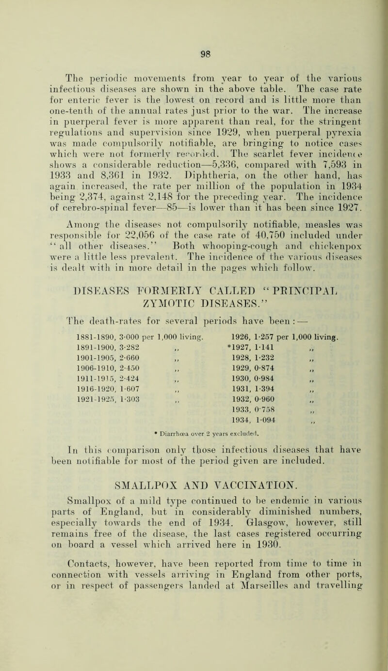 The periodic movements from year to year of the various infectious diseases are shown in the above table. The case rate for enteric fever is the lowest on record and is little more than one-tenth of the annual rates just prior to the war. The increase in puerperal fever is more apparent than real, for the stringent regulations and supervision since 1929, when puerperal pyrexia was made compulsorily notifiable, are bringing to notice cases which were not formerly recorded. The scarlet fever incidence shows a considerable reduction—5,336, compared with 7,593 in 1933 and 8,361 in 1932. Diphtheria, on the other hand, has again increased, the rate per million of the population in 1934 being 2,374, against 2,148 for the preceding year. The incidence of cerebro-spinal fever—85—is lower than it has been since 1927. Among the diseases not compulsorily notifiable, measles was responsible for 22,056 of the case rate of 40,750 included under “ all other diseases.” Both whooping-cough and chickenpox were a little less prevalent. The incidence of the various diseases is dealt with in more detail in the pages which follow. DISEASES FORMERLY CALLED “PRINCIPAL ZYMOTIC DISEASES.” The death-rates for several periods have been: — 1881-1890, 3-000 per 1,000 living. 1926, 1-257 per 1,000 living. 1891-1900, 3-282 „ *1927, 1-141 1901-1905, 2-660 „ 1928, 1-232 1906-1910, 2-450 ,, 1929, 0-874 1911-1915, 2-424 ,, 1930, 0-984 1916-1920, 1-607 ,, 1931, 1-394 1921-1925,1-303 ,, 1932,0-960 1933, 0-758 1934, 1-094 * Diarrhoea over 2 years excluded. In this comparison only those infectious diseases that have been notifiable for most of' the period given are included. SMALLPOX AND VACCINATION. Smallpox of a mild type continued to be endemic in various parts of England, hut in considerably diminished numbers, especially towards the end of 1934. Glasgow, however, still remains free of the disease, the last cases registered occurring on board a vessel which arrived here in 1930. Contacts, however, have been reported from time to time in connection with vessels arriving in England from other ports, or in respect of passengers landed at Marseilles and travelling