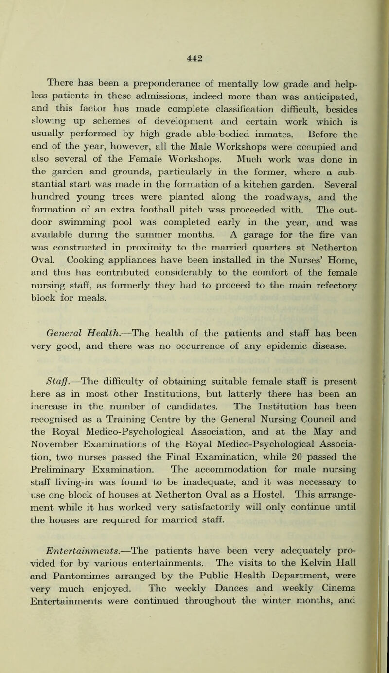 There has been a preponderance of mentally low grade and help- less patients in these admissions, indeed more than was anticipated, and this factor has made complete classification difficult, besides slowing up schemes of development and certain work which is usually performed by high grade able-bodied inmates. Before the end of the year, however, all the Male Workshops were occupied and also several of the Female Workshops. Much work was done in the garden and grounds, particularly in the former, where a sub- stantial start was made in the formation of a kitchen garden. Several hundred young trees were planted along the roadways, and the formation of an extra football pitch was proceeded with. The out- door swimming pool was completed early in the year, and was available during the summer months. A garage for the fire van was constructed in proximity to the married quarters at Netherton Oval. Cooking appliances have been installed in the Nurses’ Home, and this has contributed considerably to the comfort of the female nursing staff, as formerly they had to proceed to the main refectory block for meals. General Health.—The health of the patients and staff has been very good, and there was no occurrence of any epidemic disease. Staff.—The difficulty of obtaining suitable female staff is present here as in most other Institutions, but latterly there has been an increase in the number of candidates. The Institution has been recognised as a Training Centre by the General Nursing Council and the Royal Medico-Psychological Association, and at the May and November Examinations of the Royal Medico-Psychological Associa- tion, two nurses passed the Final Examination, while 20 passed the Preliminary Examination. The accommodation for male nursing staff living-in was found to be inadequate, and it was necessary to use one block of houses at Netherton Oval as a Hostel. This arrange- ment while it has worked very satisfactorily will only continue until the houses are required for married staff. Entertainments.—The patients have been very adequately pro- vided for by various entertainments. The visits to the Kelvin Hall and Pantomimes arranged by the Public Health Department, were very much enjoyed. The weekly Dances and weekly Cinema Entertainments were continued throughout the winter months, and