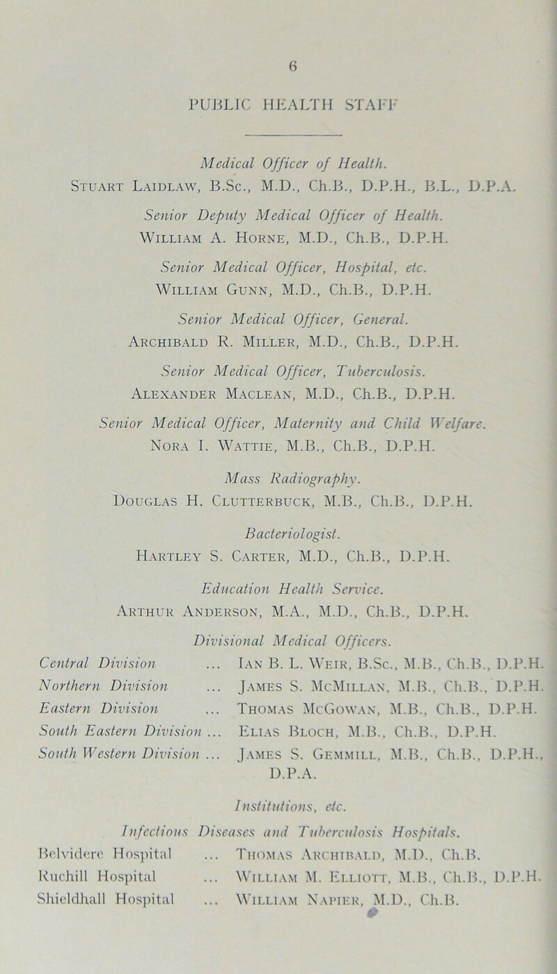 PUBLIC HEALTH STAFF Medical Officer of Health. Stuart Laidlaw, B.Sc., M.D., Ch.B., D.P.H., B.L., U.P.A. Senior Deputy Medical Officer of Health. William A. Horne, M.D., Ch.B., D.P.H. Senior Medical Officer, Hospital, etc. William Gunn, M.D., Ch.B., D.P.H. Senior Medical Officer, General. Archibald R. Miller, M.D., Ch.B., D.P.H. Senior Medical Officer, Tuberculosis. Alexander Maclean, M.D., Ch.B., D.P.H. Senior Medical Officer, Maternity and Child Welfare. Nora I. Wattie, M.B., Ch.B., D.P.H. Mass Radiography. Douglas H. Clutterbuck, M.B., Ch.B., D.P.H. Bacteriologist. Hartley S. Carter, M.D., Ch.B., D.P.H. Education Health Service. Arthur Anderson, M.A., M.D., Ch.B., D.P.H. Divisional Medical Officers. Central Division ... Ian B. L. Weir, B.Sc., M.B., Ch.B., D.P.H. Northern Division ... James S. McMillan, M.B., Ch.B., D.P.H. Eastern Division ... Thomas McGowan, M.B., Ch.B., D.P.H. South Eastern Division ... Elias Bloch, M.B., Ch.B., D.P.H. South Western Division ... James S. Gemmill, M.B., Ch.B., D.P.H., D.P.A. Institutions, etc. Infectious Diseases and Tuberculosis Hospitals. Belvidere Hospital ... Thomas Archibald, M.D., Ch.B. Ruchill Hospital ... William M. Elliott, M.B., Ch.B., D.P.H. Shieldhall Hospital ... William Napier, M.D., Ch.B.