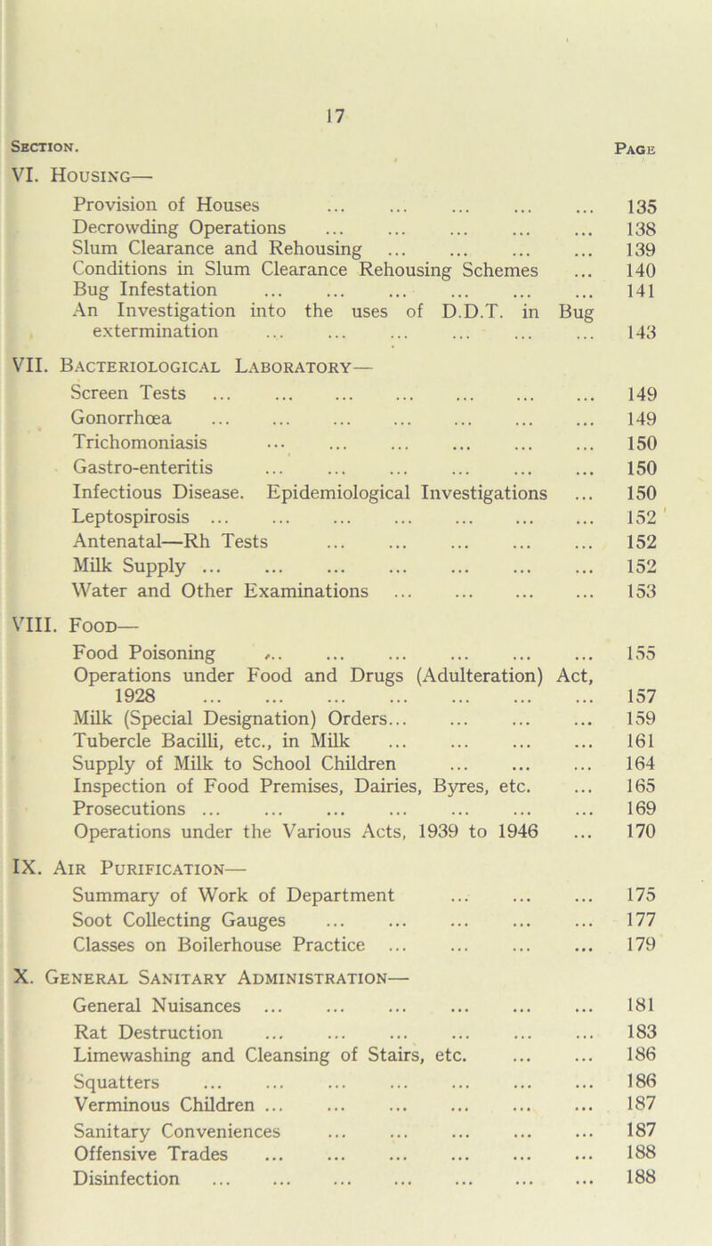 Section. Page VI. Housing— Provision of Houses ... ... ... ... ... 135 Decrowding Operations ... ... ... ... ... 138 Slum Clearance and Rehousing ... ... ... ... 139 Conditions in Slum Clearance Rehousing Schemes ... 140 Bug Infestation ... ... ... ... ... ... 141 An Investigation into the uses of D.D.T. in Bug extermination ... ... ... ... ... ... 143 VII. Bacteriological Laboratory— Screen Tests ... 149 Gonorrhoea 149 Trichomoniasis ... ... 150 Gastro-enteritis ... ... ... ... 150 Infectious Disease. Epidemiological Investigations ... 150 Leptospirosis 152 Antenatal—Rh Tests ... ... ... ... ... 152 Milk Supply 152 Water and Other Examinations 153 VIII. Food— Food Poisoning ,.. ... ... ... ... ... 155 Operations under Food and Drugs (Adulteration) Act, 1928 157 Milk (Special Designation) Orders... ... ... ... 159 Tubercle Bacilli, etc., in Milk ... ... ... ... 161 Supply of Milk to School Children ... ... ... 164 Inspection of Food Premises, Dairies, Byres, etc. ... 165 Prosecutions ... ... ... ... ... ... ... 169 Operations under the Various Acts, 1939 to 1946 ... 170 IX. Air Purification— Summary of Work of Department ... ... ... 175 Soot Collecting Gauges ... ... ... ... ... 177 Classes on Boilerhouse Practice ... ... ... ... 179 X. General Sanitary Administration— General Nuisances ... ... ... ... 181 Rat Destruction ... ... ... ... ... ... 183 Limewashing and Cleansing of Stairs, etc. ... ... 186 Squatters ... ... ... 186 Verminous Children ... ... ... ... 187 Sanitary Conveniences ... ... 187 Offensive Trades ... 188 Disinfection 188