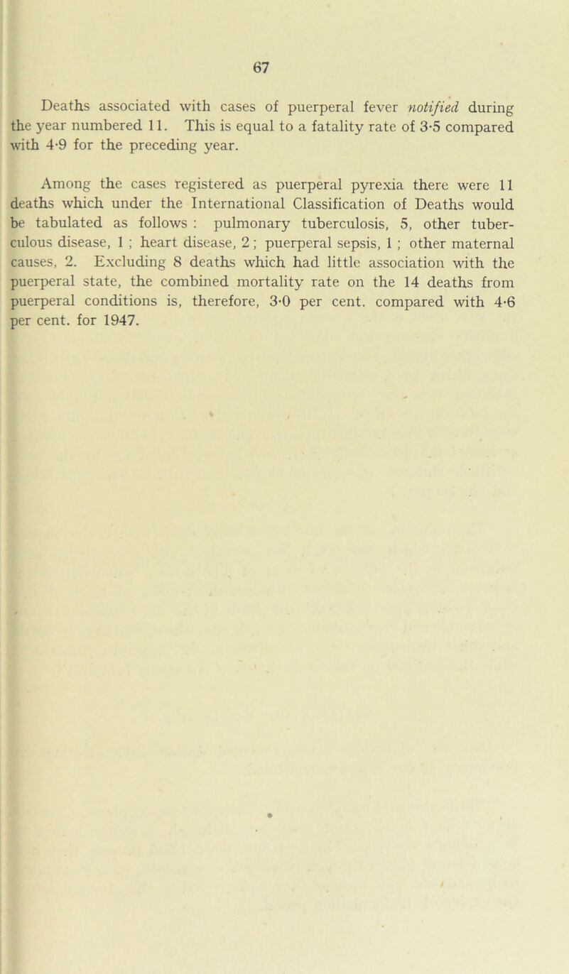 Deaths associated with cases of puerperal fever notified during the year numbered 11. This is equal to a fatality rate of 3-5 compared with 4-9 for the preceding year. Among the cases registered as puerperal pyrexia there were 11 deaths which under the International Classification of Deaths would be tabulated as follows : pulmonary tuberculosis, 5, other tuber- culous disease, 1 ; heart disease, 2; puerperal sepsis, 1 ; other maternal causes, 2. Excluding 8 deaths which had little association with the puerperal state, the combined mortality rate on the 14 deaths from puerperal conditions is, therefore, 3-0 per cent, compared with 4-6 per cent, for 1947.