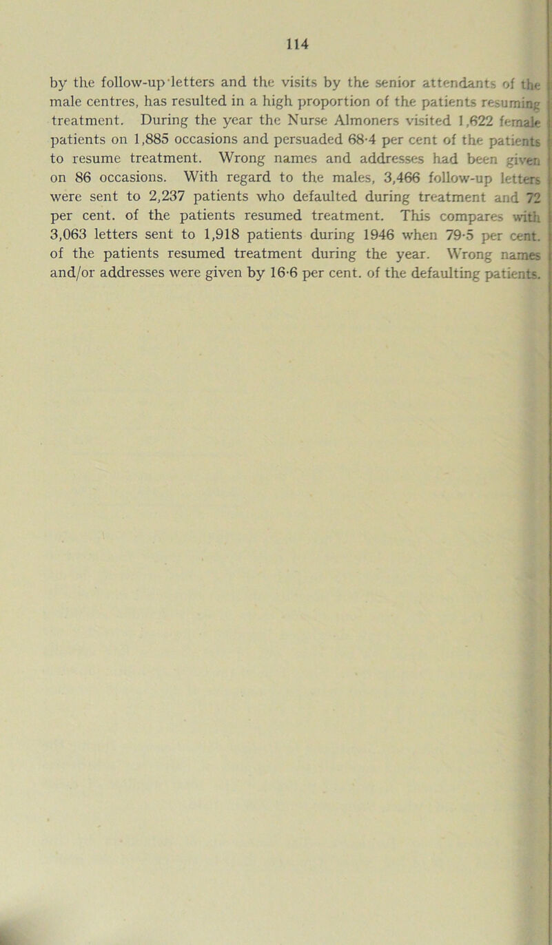 by the follow-up letters and the visits by the senior attendants of th<; male centres, has resulted in a high proportion of the patients resuming treatment. During the year the Nurse Almoners visited 1,622 female patients on 1,885 occasions and persuaded 68-4 per cent of the patients to resume treatment. Wrong names and addresses had been given on 86 occasions. With regard to the males, 3,466 follow-up letters were sent to 2,237 patients who defaulted during treatment and 72 per cent, of the patients resumed treatment. This compares with 3,063 letters sent to 1,918 patients during 1946 when 79-5 per cent, of the patients resumed treatment during the year. Wrong names and/or addresses were given by 16-6 per cent, of the defaulting patients.