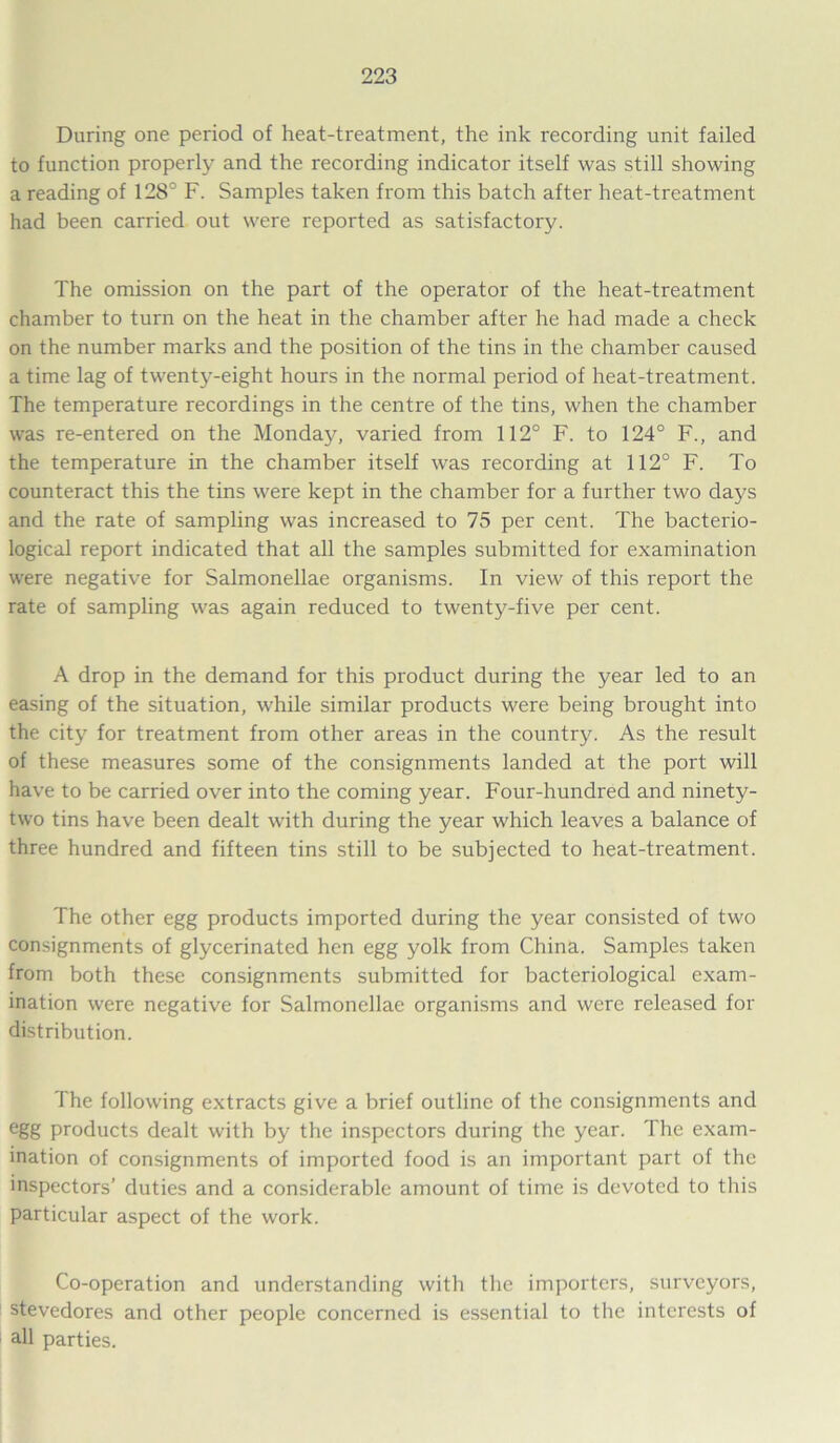 During one period of heat-treatment, the ink recording unit failed to function properly and the recording indicator itself was still showing a reading of 128° F. Samples taken from this batch after heat-treatment had been carried out were reported as satisfactory. The omission on the part of the operator of the heat-treatment chamber to turn on the heat in the chamber after he had made a check on the number marks and the position of the tins in the chamber caused a time lag of twenty-eight hours in the normal period of heat-treatment. The temperature recordings in the centre of the tins, when the chamber was re-entered on the Monday, varied from 112° F. to 124° F., and the temperature in the chamber itself was recording at 112° F. To counteract this the tins were kept in the chamber for a further two days and the rate of sampling was increased to 75 per cent. The bacterio- logical report indicated that all the samples submitted for examination were negative for Salmonellae organisms. In view of this report the rate of sampling was again reduced to twenty-five per cent. A drop in the demand for this product during the year led to an easing of the situation, while similar products were being brought into the city for treatment from other areas in the country. As the result of these measures some of the consignments landed at the port will have to be carried over into the coming year. Four-hundred and ninety- two tins have been dealt with during the year which leaves a balance of three hundred and fifteen tins still to be subjected to heat-treatment. The other egg products imported during the year consisted of two consignments of glycerinated hen egg yolk from China. Samples taken from both these consignments submitted for bacteriological exam- ination were negative for Salmonellae organisms and were released for distribution. The following extracts give a brief outline of the consignments and egg products dealt with by the inspectors during the year. The exam- ination of consignments of imported food is an important part of the inspectors’ duties and a considerable amount of time is devoted to this particular aspect of the work. Co-operation and understanding with the importers, surveyors, stevedores and other people concerned is essential to the interests of all parties.