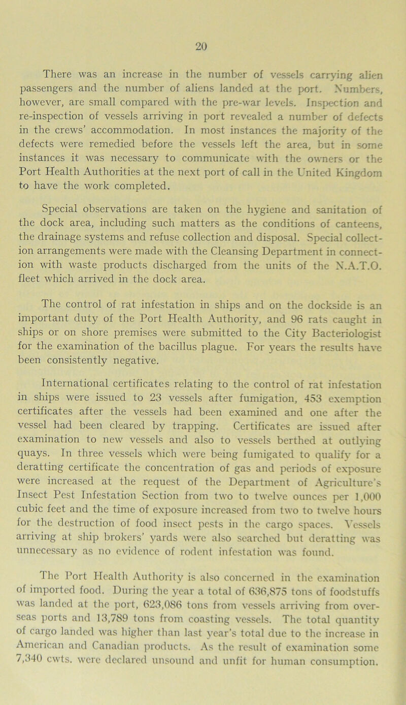 There was an increase in the number of vessels carrying alien passengers and the number of aliens landed at the port. Numbers, however, are small compared with the pre-war levels. Inspection and re-inspection of vessels arriving in port revealed a number of defects in the crews’ accommodation. In most instances the majority of the defects were remedied before the vessels left the area, but in some instances it was necessary to communicate with the owners or the Port Health Authorities at the next port of call in the United Kingdom to have the work completed. Special observations are taken on the hygiene and sanitation of the dock area, including such matters as the conditions of canteens, the drainage systems and refuse collection and disposal. Special collect- ion arrangements were made with the Cleansing Department in connect- ion with waste products discharged from the units of the N.A.T.O. fleet which arrived in the dock area. The control of rat infestation in ships and on the dockside is an important duty of the Port Health Authority, and 96 rats caught in ships or on shore premises were submitted to the City Bacteriologist for the examination of the bacillus plague. For years the results have been consistently negative. International certificates relating to the control of rat infestation in ships were issued to 23 vessels after fumigation, 453 exemption certificates after the vessels had been examined and one after the vessel had been cleared by trapping. Certificates are issued after examination to new vessels and also to vessels berthed at outlying quays. In three vessels which were being fumigated to qualify for a deratting certificate the concentration of gas and periods of exposure were increased at the request of the Department of Agriculture’s Insect Pest Infestation Section from two to twelve ounces per 1,000 cubic feet and the time of exposure increased from two to twelve hours for the destruction of food insect pests in the cargo spaces. Vessels arriving at ship brokers’ yards were also searched but deratting was unnecessary as no evidence of rodent infestation was found. 1 he Port Health Authority is also concerned in the examination of imported food. During the year a total of 636,875 tons of foodstuffs was landed at the port, 623,086 tons from vessels arriving from over- seas ports and 13,789 tons from coasting vessels. The total quantity of cargo landed was higher than last year’s total due to the increase in American and Canadian products. As the result of examination some 7,340 cwts. were declared unsound and unfit for human consumption.