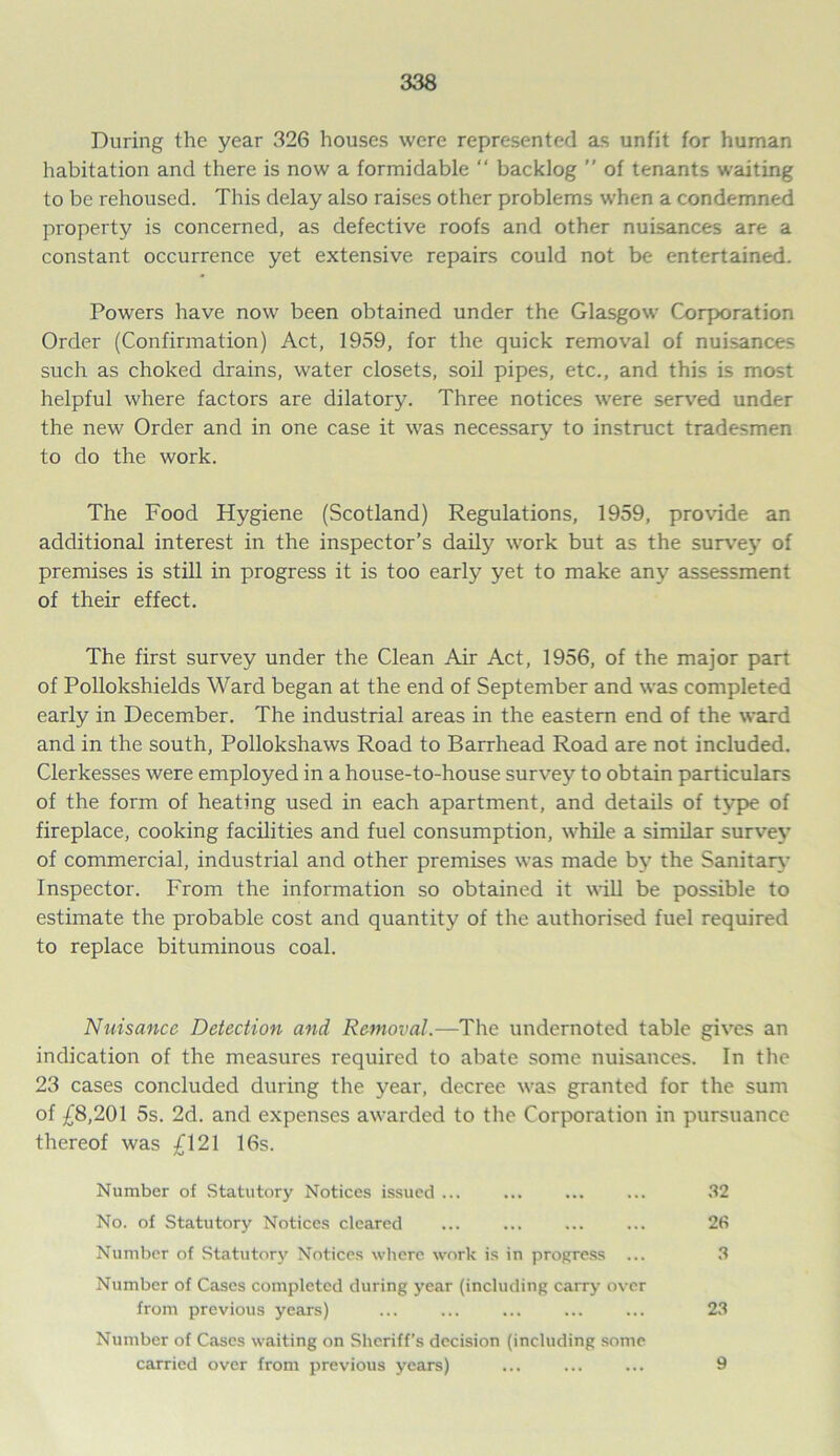 During the year 326 houses were represented as unfit for human habitation and there is now a formidable “ backlog ” of tenants waiting to be rehoused. This delay also raises other problems when a condemned property is concerned, as defective roofs and other nuisances are a constant occurrence yet extensive repairs could not be entertained. Powers have now been obtained under the Glasgow Corporation Order (Confirmation) Act, 1959, for the quick removal of nuisances such as choked drains, water closets, soil pipes, etc., and this is most helpful where factors are dilatory. Three notices were served under the new Order and in one case it was necessary to instruct tradesmen to do the work. The Food Hygiene (Scotland) Regulations, 1959, provide an additional interest in the inspector’s daily work but as the survey of premises is still in progress it is too early yet to make any assessment of their effect. The first survey under the Clean Air Act, 1956, of the major part of Pollokshields Ward began at the end of September and was completed early in December. The industrial areas in the eastern end of the ward and in the south, Pollokshaws Road to Barrhead Road are not included. Clerkesses were employed in a house-to-house survey to obtain particulars of the form of heating used in each apartment, and details of type of fireplace, cooking facilities and fuel consumption, while a similar survey of commercial, industrial and other premises was made by the Sanitary Inspector. From the information so obtained it will be possible to estimate the probable cost and quantity of the authorised fuel required to replace bituminous coal. Nuisance Detection and Removal.—The undernoted table gives an indication of the measures required to abate some nuisances. In the 23 cases concluded during the year, decree was granted for the sum of £8,201 5s. 2d. and expenses awarded to the Corporation in pursuance thereof was £121 16s. Number of Statutory Notices issued ... ... ... ... 32 No. of Statutory Notices cleared ... ... ... ... 26 Number of Statutory Notices where work is in progress ... 3 Number of Cases completed during year (including carry over from previous years) ... ... ... ... ... 23 Number of Cases waiting on Sheriff’s decision (including some carried over from previous years) ... ... ... 9