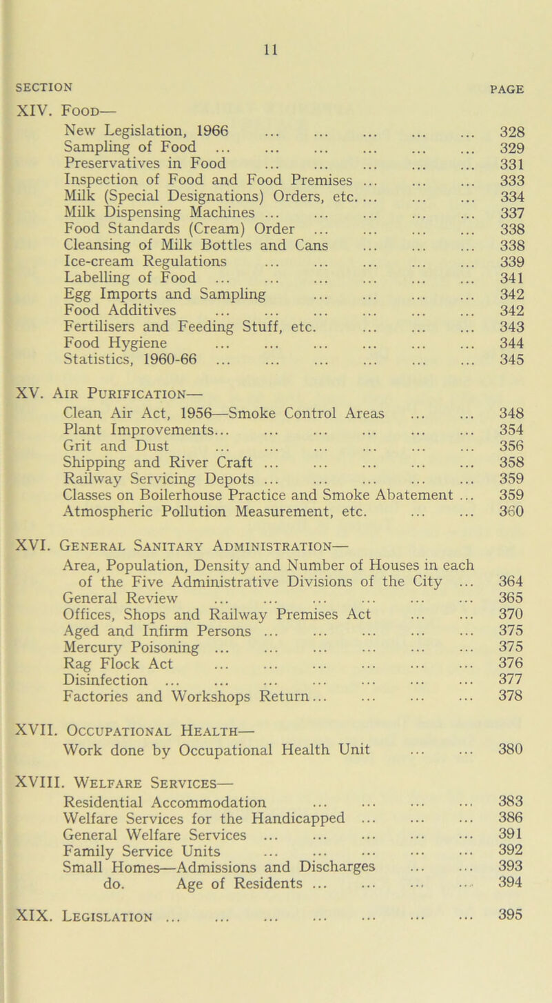 SECTION PAGE XIV. Food— New Legislation, 1966 ... ... ... ... ... 328 Sampling of Food ... ... ... ... ... ... 329 Preservatives in Food ... ... ... ... ... 331 Inspection of Food and Food Premises ... ... ... 333 Milk (Special Designations) Orders, etc. ... ... ... 334 Milk Dispensing Machines ... ... ... ... ... 337 Food Standards (Cream) Order ... ... ... ... 338 Cleansing of Milk Bottles and Cans ... ... ... 338 Ice-cream Regulations ... ... ... ... ... 339 Labelling of Food ... ... ... ... 341 Egg Imports and Sampling ... ... ... ... 342 Food Additives ... ... ... ... ... ... 342 Fertilisers and Feeding Stuff, etc. ... ... ... 343 Food Hygiene ... ... ... ... ... ... 344 Statistics, 1960-66 ... ... ... ... ... ... 345 XV. Air Purification— Clean Air Act, 1956—Smoke Control Areas ... ... 348 Plant Improvements... ... ... ... ... ... 354 Grit and Dust ... ... ... ... ... ... 356 Shipping and River Craft ... ... ... ... ... 358 Railway Servicing Depots ... ... ... ... ... 359 Classes on Boilerhouse Practice and Smoke Abatement ... 359 Atmospheric Pollution Measurement, etc. ... ... 360 XVI. General Sanitary Administration— Area, Population, Density and Number of Houses in each of the Five Administrative Divisions of the City ... 364 General Review ... ... ... ... ... ... 365 Offices, Shops and Railway Premises Act ... ... 370 Aged and Infirm Persons ... ... ... ... ... 375 Mercury Poisoning ... ... ... ... ... ••• 375 Rag Flock Act ... ... ... ... 376 Disinfection ... ... ... ... ... ... ... 377 Factories and Workshops Return... ... ... ... 378 XVII. Occupational Health— Work done by Occupational Health Unit ... ... 380 XVIII. Welfare Services— Residential Accommodation ... ... ... ... 383 Welfare Services for the Handicapped ... ... ... 386 General Welfare Services ... ... ... 391 Family Service Units ... ... ... 392 Small Homes—Admissions and Discharges 393 do. Age of Residents ... .. 394 XIX. Legislation 395