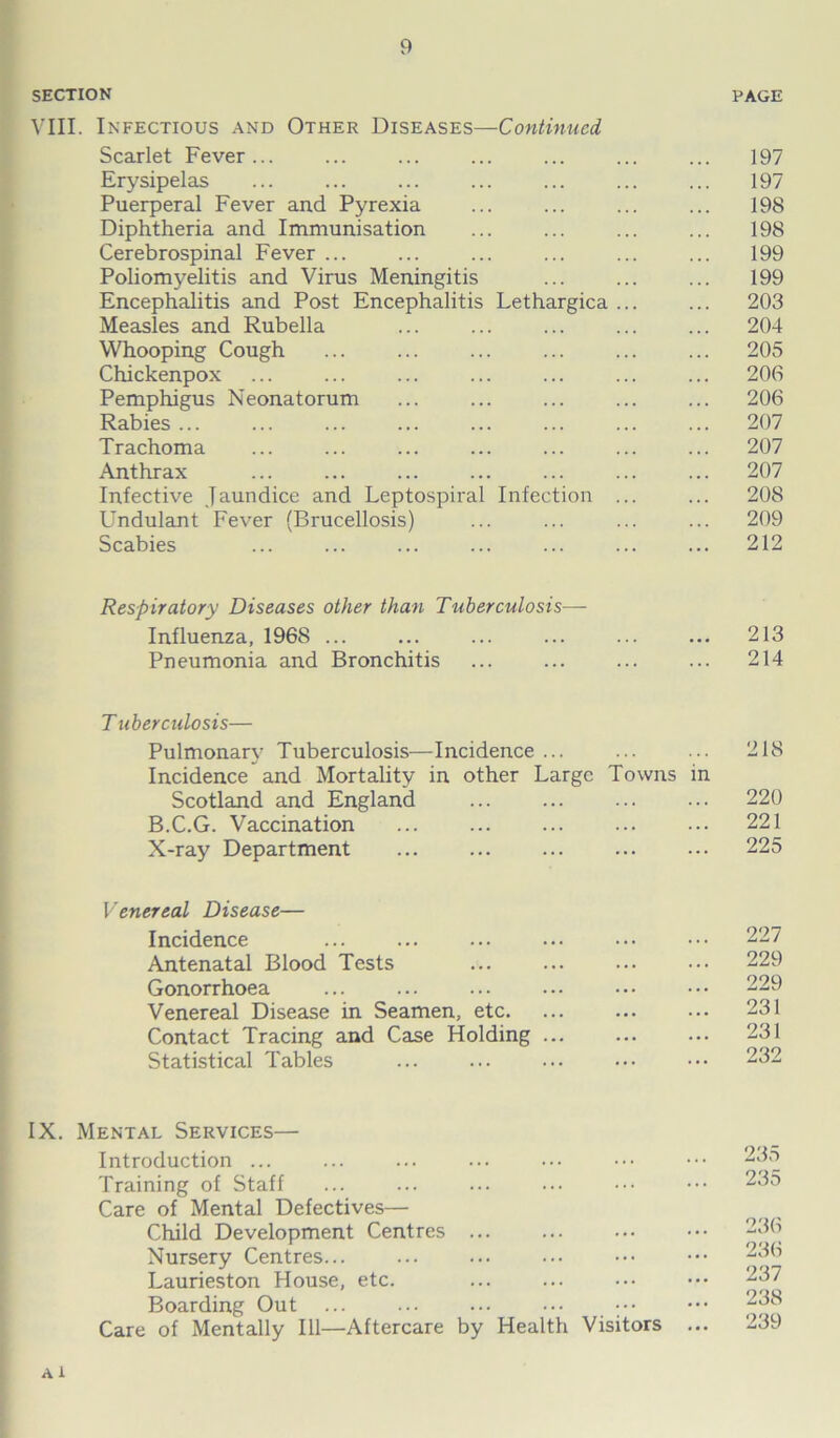 SECTION PAGE VIII. Infectious and Other Diseases—Continued Scarlet Fever... ... ... ... ... ... ... 197 Erysipelas ... ... ... ... ... ... ... 197 Puerperal Fever and Pyrexia ... ... ... ... 198 Diphtheria and Immunisation ... ... ... ... 198 Cerebrospinal Fever ... ... ... ... ... ... 199 Poliomyelitis and Virus Meningitis ... ... ... 199 Encephalitis and Post Encephalitis Lethargica ... ... 203 Measles and Rubella ... ... ... ... ... 204 Whooping Cough ... ... ... ... ... ... 205 Chickenpox ... ... ... ... ... ... ... 206 Pemphigus Neonatorum ... ... ... ... ... 206 Rabies ... ... ... ... ... ... ... ... 207 Trachoma ... ... ... ... ... ... ... 207 Anthrax ... ... ... ... ... ... ... 207 Infective Jaundice and Leptospiral Infection ... ... 208 Undulant Fever (Brucellosis) ... ... ... ... 209 Scabies ... ... ... ... ... ... ... 212 Respiratory Diseases other than Tuberculosis—- Influenza, 1968 ... ... ... ... ... ... 213 Pneumonia and Bronchitis ... ... ... ... 214 T uber culosis— Pulmonary Tuberculosis—Incidence ... ... ... 218 Incidence and Mortality in other Large Towns in Scotland and England ... ... ... ••• 220 B.C.G. Vaccination ... ... ... ... ••• 221 X-ray Department ... ... ... ... ... 225 Venereal Disease— Incidence 227 Antenatal Blood Tests ... ... ... ••• 229 Gonorrhoea ... ... ... ... ••• ••• 229 Venereal Disease in Seamen, etc. ... ... ... 231 Contact Tracing and Case Holding ... ... ... 231 Statistical Tables ... ... ... 232 IX. Mental Services— Introduction ... ... ... ... ... ••• 235 Training of Staff ... ... ... ... ••• ••• 235 Care of Mental Defectives— Child Development Centres ... ... ... ••• 236 Nursery Centres... ... ... ... ••• ••• 236 Laurieston House, etc. ... ... ••• 237 Boarding Out ... ... ... ... ••• -38 Care of Mentally 111—Aftercare by Health Visitors ... 239 Ai