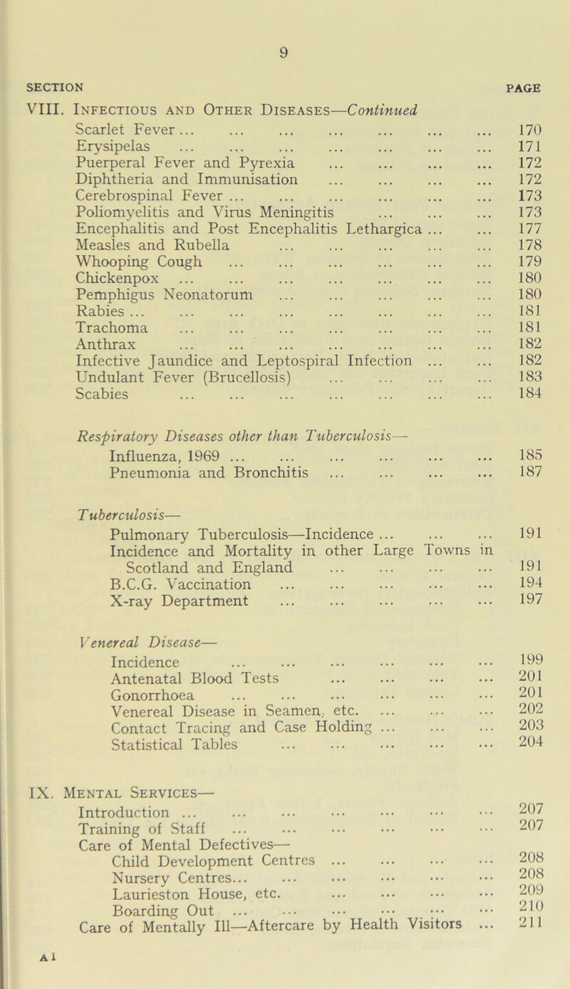 SECTION PAGE VIII. Infectious and Other Diseases—Continued Scarlet Fever... ... ... ... ... ... ... 170 Erysipelas ... ... ... ... ... ... ... 171 Puerperal Fever and Pyrexia ... ... ... ... 172 Diphtheria and Immunisation ... ... ... ... 172 Cerebrospinal Fever ... ... ... ... ... ... 173 Poliomyelitis and Virus Meningitis ... ... ... 173 Encephalitis and Post Encephalitis Lethargica ... ... 177 Measles and Rubella ... ... ... ... ... 178 Whooping Cough ... ... ... ... ... ... 179 Chickenpox ... ... ... ... ... ... ... 180 Pemphigus Neonatorum ... ... ... ... ... 180 Rabies ... ... ... ... ... ... ... ... 181 Trachoma ... ... ... ... ... ... ... 181 Anthrax ... ... ... ... ... ... ... 182 Infective Jaundice and Leptospiral Infection ... ... 182 Undulant Fever (Brucellosis) ... ... ... ... 183 Scabies ... ... ... ... ... ... ... 184 Respiratory Diseases other than Tuberculosis— Influenza, 1969 ... ... ... ... ... ... 185 Pneumonia and Bronchitis ... ... ... ... 187 T uberculosis— Pulmonary Tuberculosis—Incidence ... ... ... 191 Incidence and Mortality in other Large Towns in Scotland and England ... ... ... ... 191 B.C.G. Vaccination ... ... ... 194 X-ray Department ... ... 197 Venereal Disease— Incidence ... ... ... 199 Antenatal Blood Tests 201 Gonorrhoea ... ... ... ••• ••• 201 Venereal Disease in Seamen, etc. ... ... ... 202 Contact Tracing and Case Holding ... ... ... 203 Statistical Tables ... ... ••• ••• 204 IX. Mental Services— Introduction ... ... ... ••• ••• ••• ••• 207 Training of Staff ... ... ••• 207 Care of Mental Defectives— Child Development Centres 208 Nursery Centres... ... ••• ••• ••• 208 Laurieston House, etc. ... ... ••• ••• 209 Boarding Out ... ... 210 Care of Mentally 111—Aftercare by Health Visitors ... 211 A I