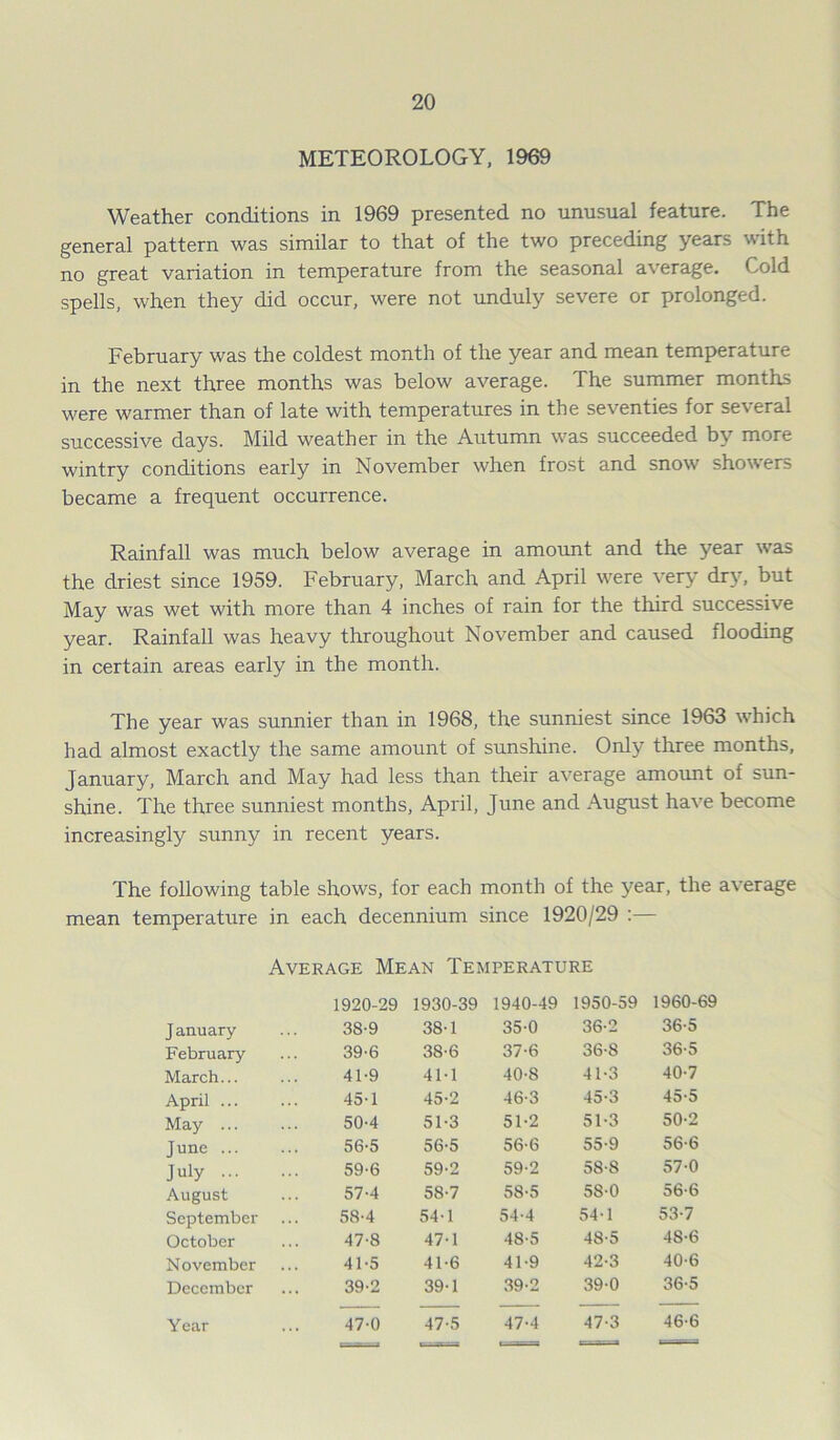 METEOROLOGY, 1969 Weather conditions in 1969 presented no unusual feature. The general pattern was similar to that of the two preceding years with no great variation in temperature from the seasonal average. Cold spells, when they did occur, were not unduly severe or prolonged. February was the coldest month of the year and mean temperature in the next three months was below average. The summer months were warmer than of late with temperatures in the seventies for several successive days. Mild weather in the Autumn was succeeded by more wintry conditions early in November when frost and snow showers became a frequent occurrence. Rainfall was much below average in amount and the year was the driest since 1959. February, March and April were very dry, but May was wet with more than 4 inches of rain for the third successive year. Rainfall was heavy throughout November and caused flooding in certain areas early in the month. The year was sunnier than in 1968, the sunniest since 1963 which had almost exactly the same amount of sunshine. Only three months, January, March and May had less than their average amount of sun- shine. The three sunniest months, April, June and August have become increasingly sunny in recent years. The following table shows, for each month of the year, the average mean temperature in each decennium since 1920/29 :— Average Mean Temperature 1920-29 1930-39 1940-49 1950-59 1960-69 March.. April .. May .. J anuary February August September October November December June .. July .. 38- 9 38-1 35-0 36-2 36-5 39- 6 38-6 37-6 36-8 36-5 41-9 414 40-8 41-3 40-7 45-1 45-2 46-3 45-3 45-5 50-4 51-3 51-2 51-3 50-2 56- 5 56-5 56-6 55-9 56-6 59-6 59-2 59-2 58-8 57-0 57- 4 58-7 58-5 58-0 56-6 58- 4 54-1 54-4 54-1 53-7 47-8 47 • 1 48-5 48-5 48-6 41-5 41-6 41-9 42-3 40-6 39-2 39-1 39-2 39-0 36-5 Year 47-0 47-5 47-4 47-3 46-6